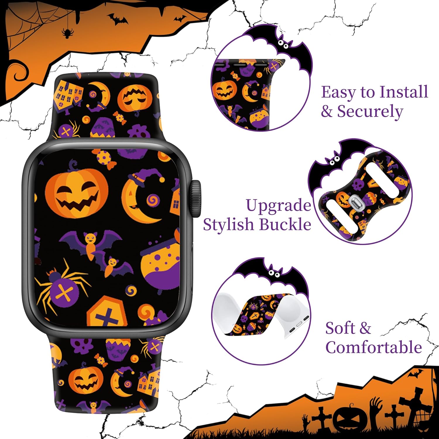 Paquete de 2 correas de reloj de Halloween compatibles con Apple Watch de 1.614 pulgadas, 1.575 pulgadas, 1.496 pulgadas, correa de repuesto de