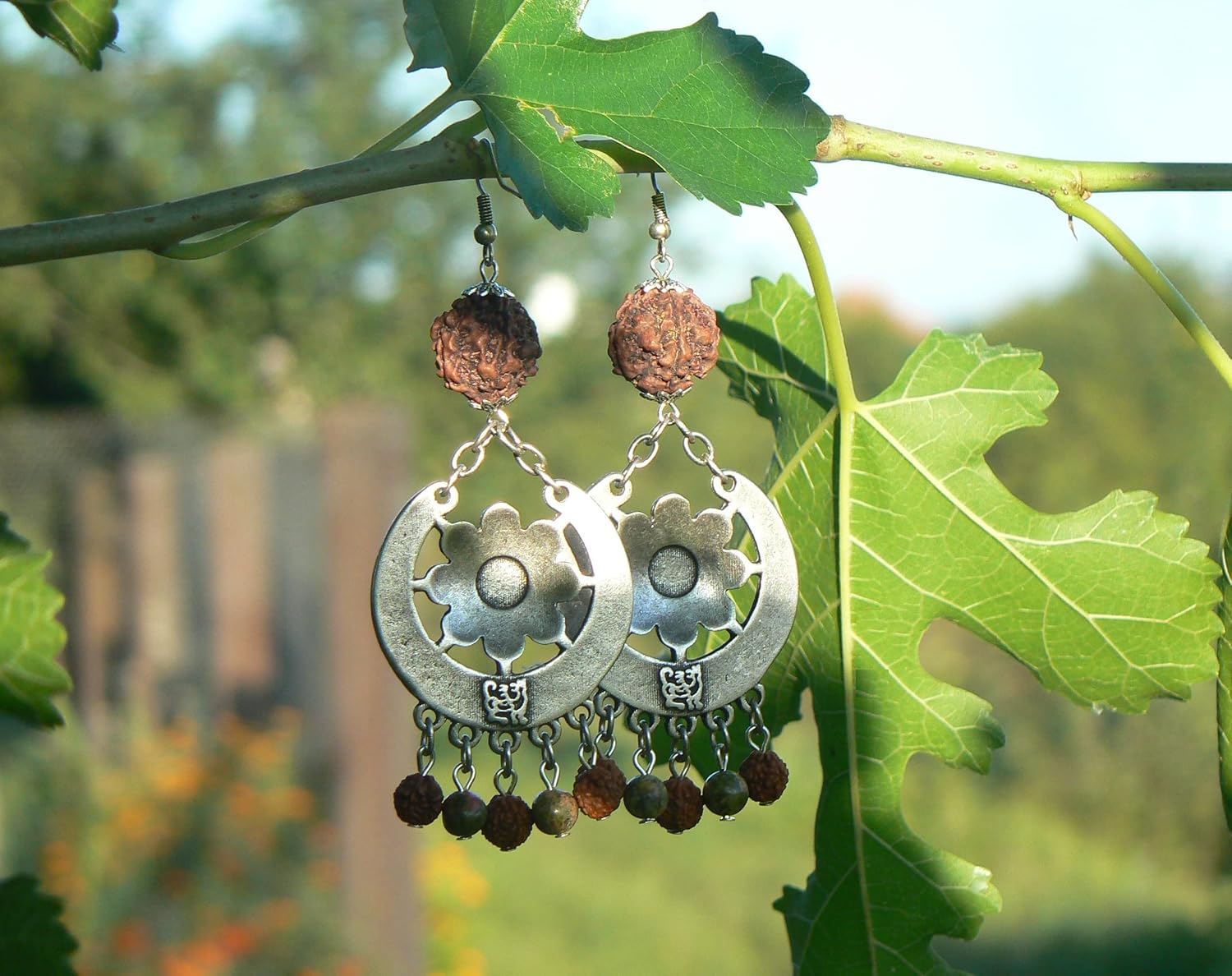 Mandala Earrings with Rudraksha Beads and Unakite Stones – Handmade, Shakti flower, Real 5 Mukhi Rudraksh Seed, Saraswati Festival Jewelry, Hippie