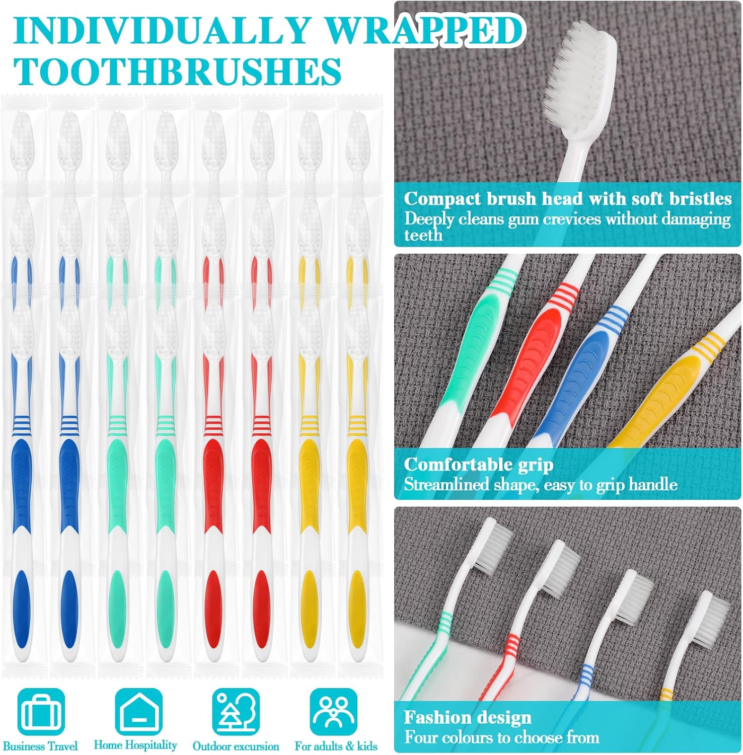 Mifoci Juego de 300 cepillos de dientes envueltos individualmente a granel con hilo dental, 100 cepillos de dientes de cerdas suaves, 200 hilos para