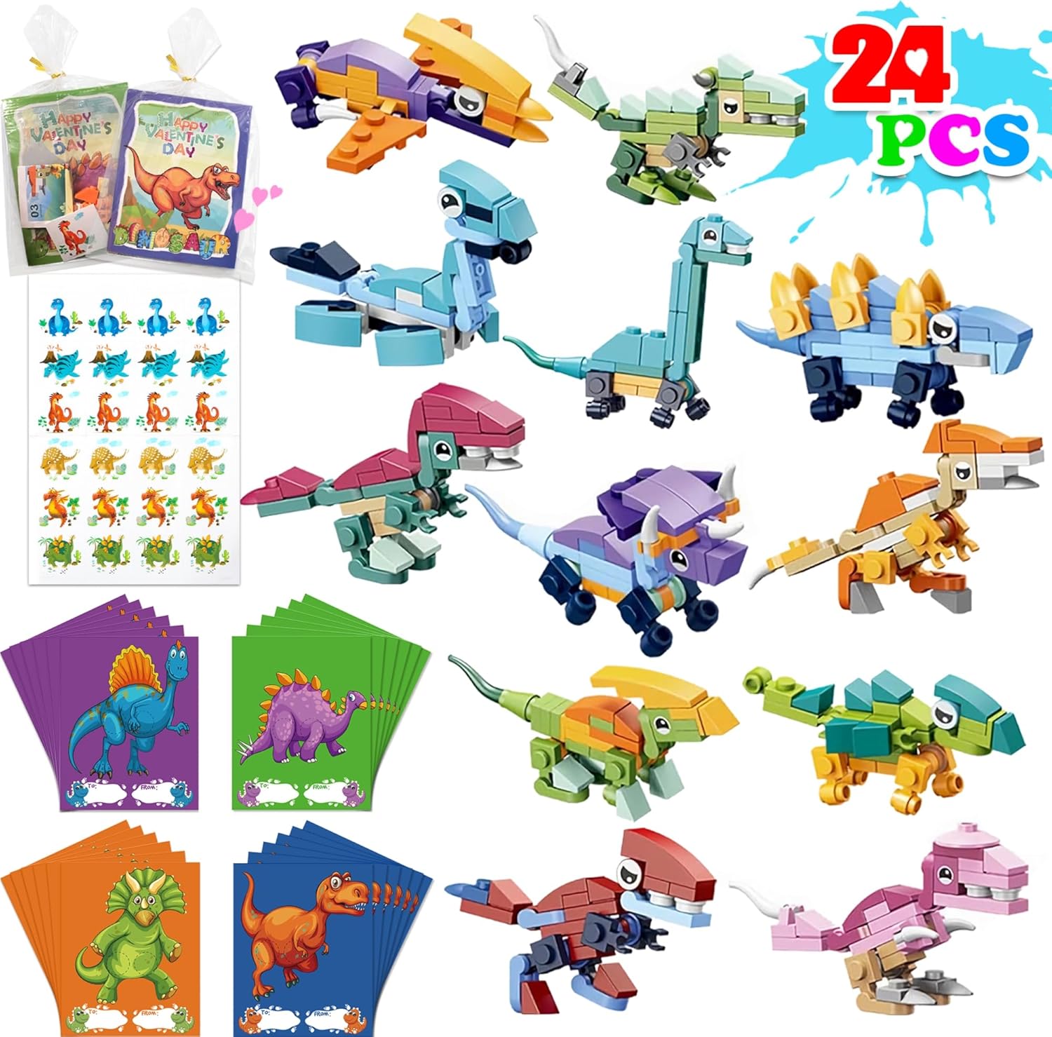 YOYOJOY Regalos del día de San Valentín para niños, 24 paquetes de bloques de construcción de dinosaurios con tarjetas del día de San Valentín,
