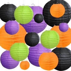 18 linternas de papel para decoración de fiesta de Halloween, varios tamaños, linternas colgantes redondas para festivales, Halloween, interiores y 18 linternas de papel para decoración de fiesta de Halloween, varios tamaños, linternas colgantes redondas para festivales, Halloween, interiores y