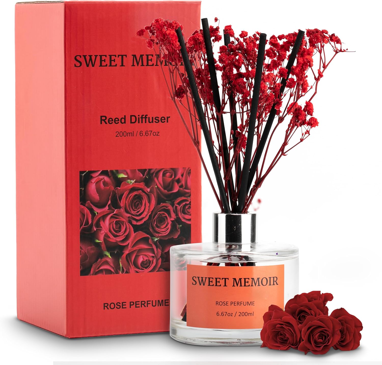 Sweet Memoir Juego de difusor de varillas de aceite esencial, perfume rosa, botella decorativa, flores preservadas y varillas difusoras, regalo de