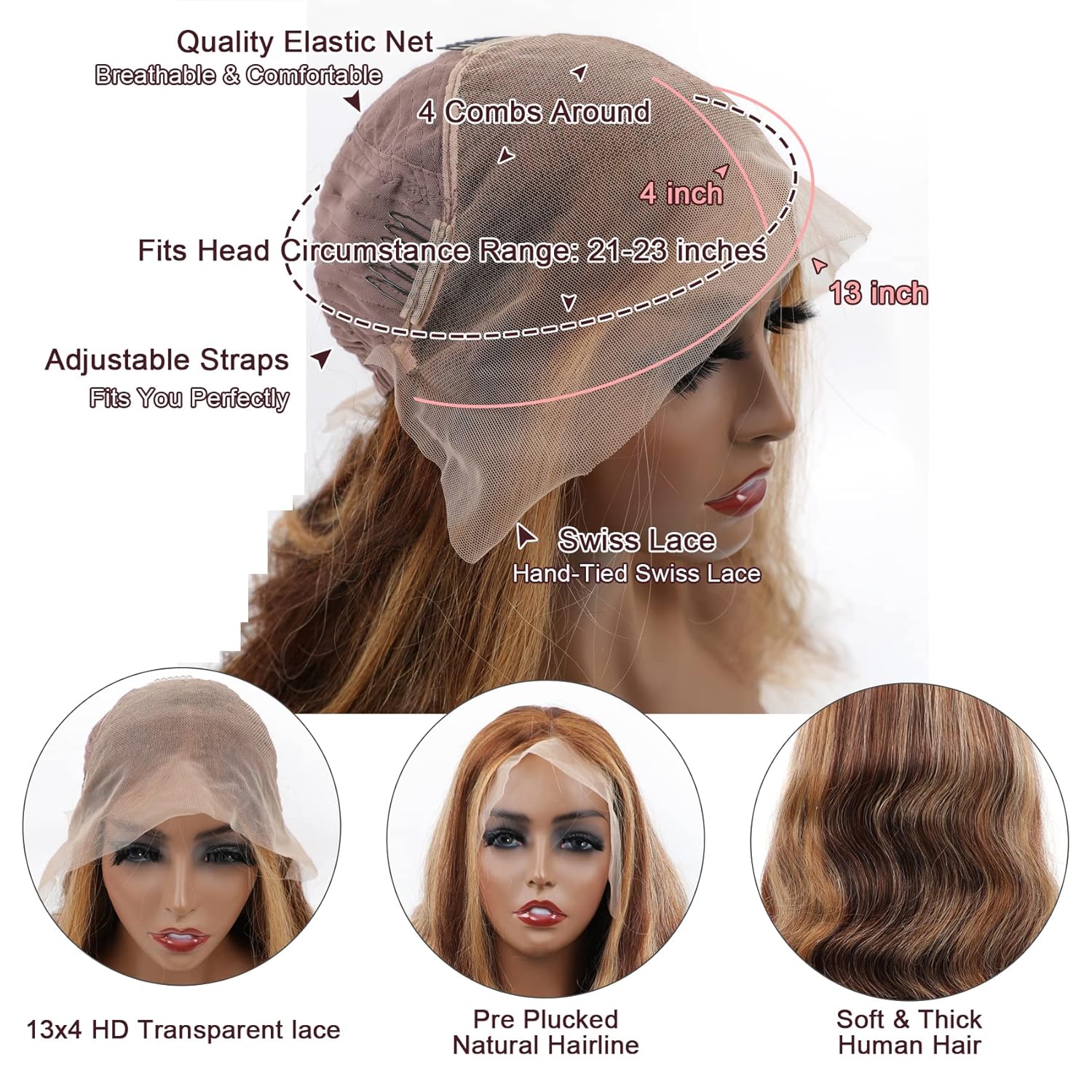 BLY Pelucas de cabello humano con encaje frontal transparente HD de 13 x 4, densidad del 250 %, peluca de cabello humano con reflejos degradados, 24