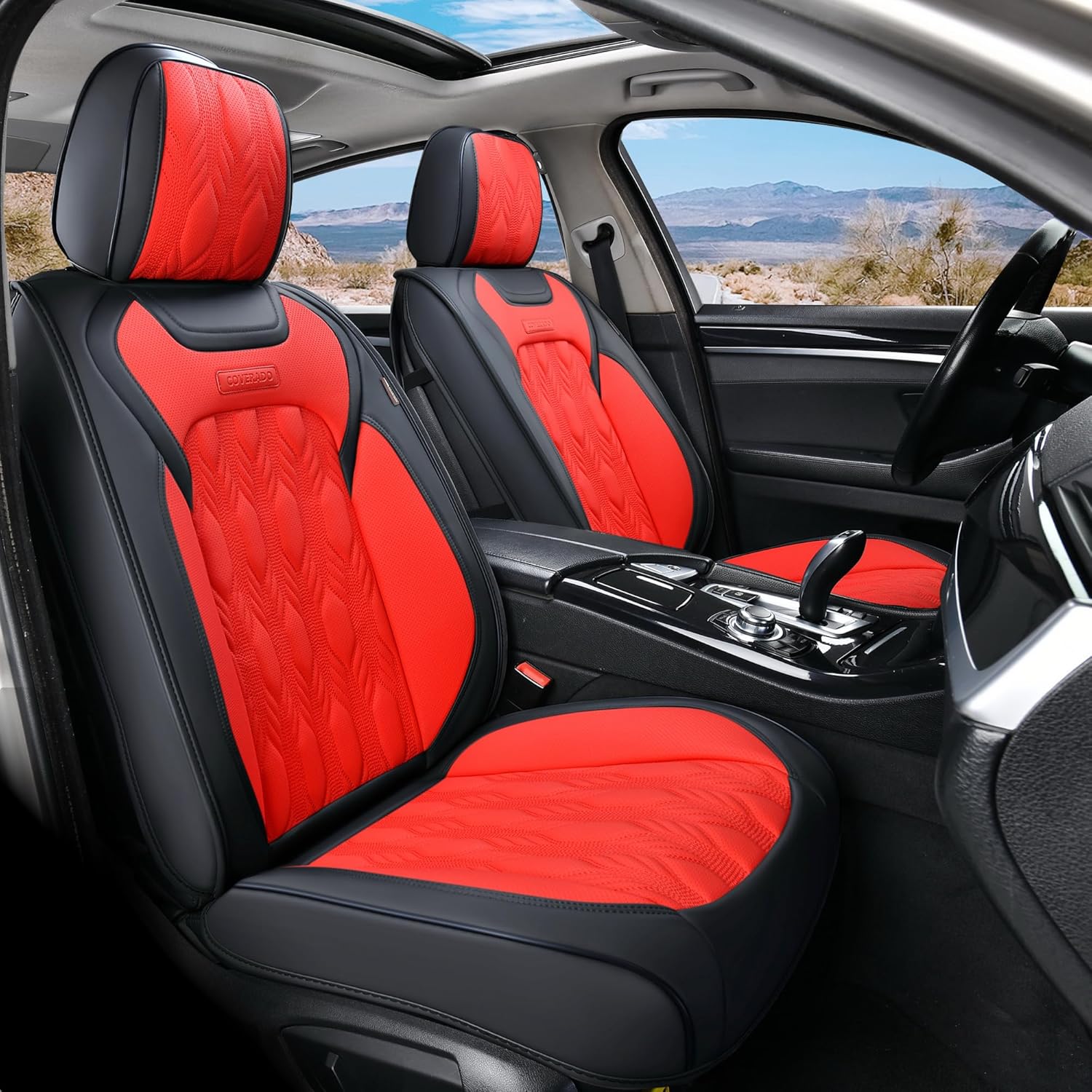 Coverado Fundas de asiento delantero de automóvil, fundas de asiento de piel de napa premium de lujo con patrón en relieve, protectores de asiento
