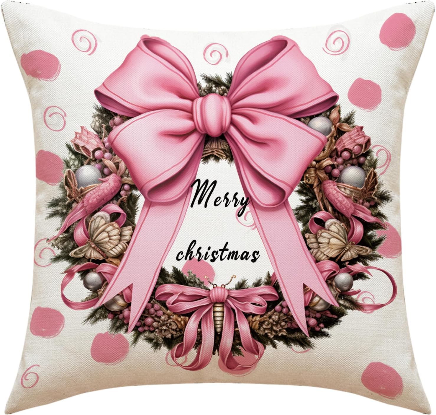 MOJUN Juego de 4 fundas de almohada navideñas de 18 x 18 pulgadas, muñeco de nieve rosa, Papá Noel, corona de Navidad, fundas decorativas para el