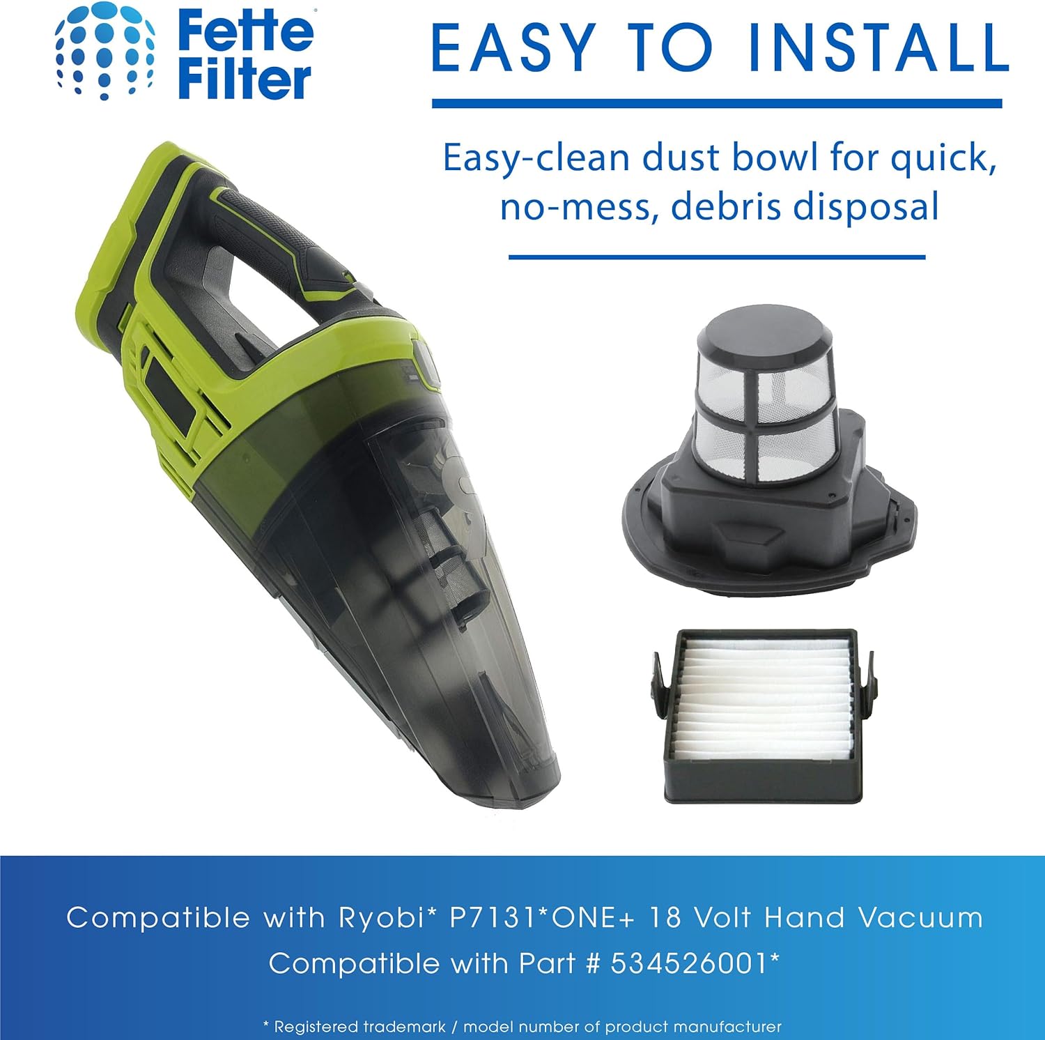 Fette Filter – Juego de pantallas de filtro P7131 compatible con Ryobi P7131, P7131ID 18V ONE+ HAND VACUUM Parte # 534526001 y filtro 533907002 (1