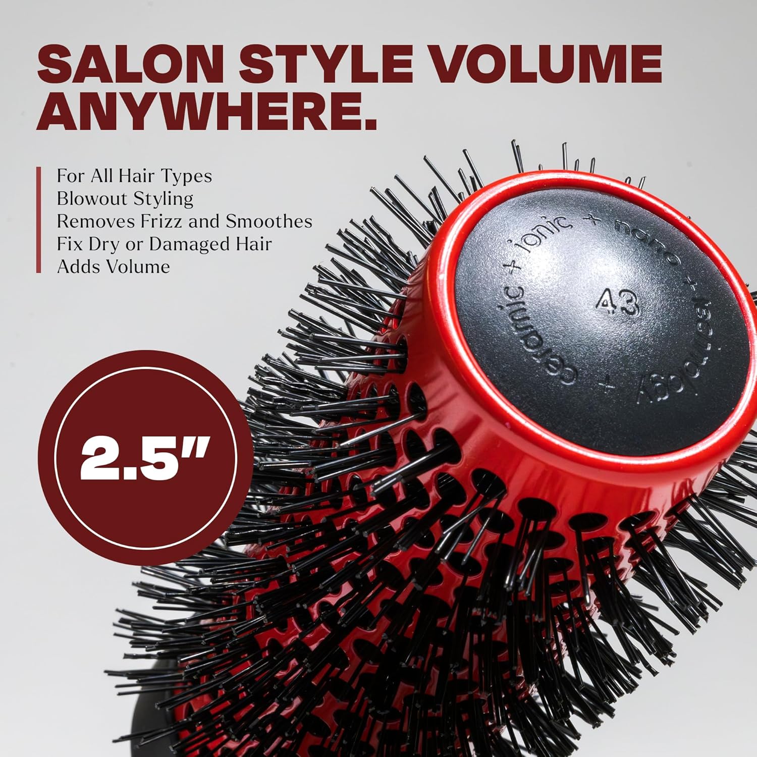 Cepillo redondo de cerámica con infusión de iones  Cepillo de calidad de salón para secado con soplado  Fija el cabello seco o dañado  Cepillo de