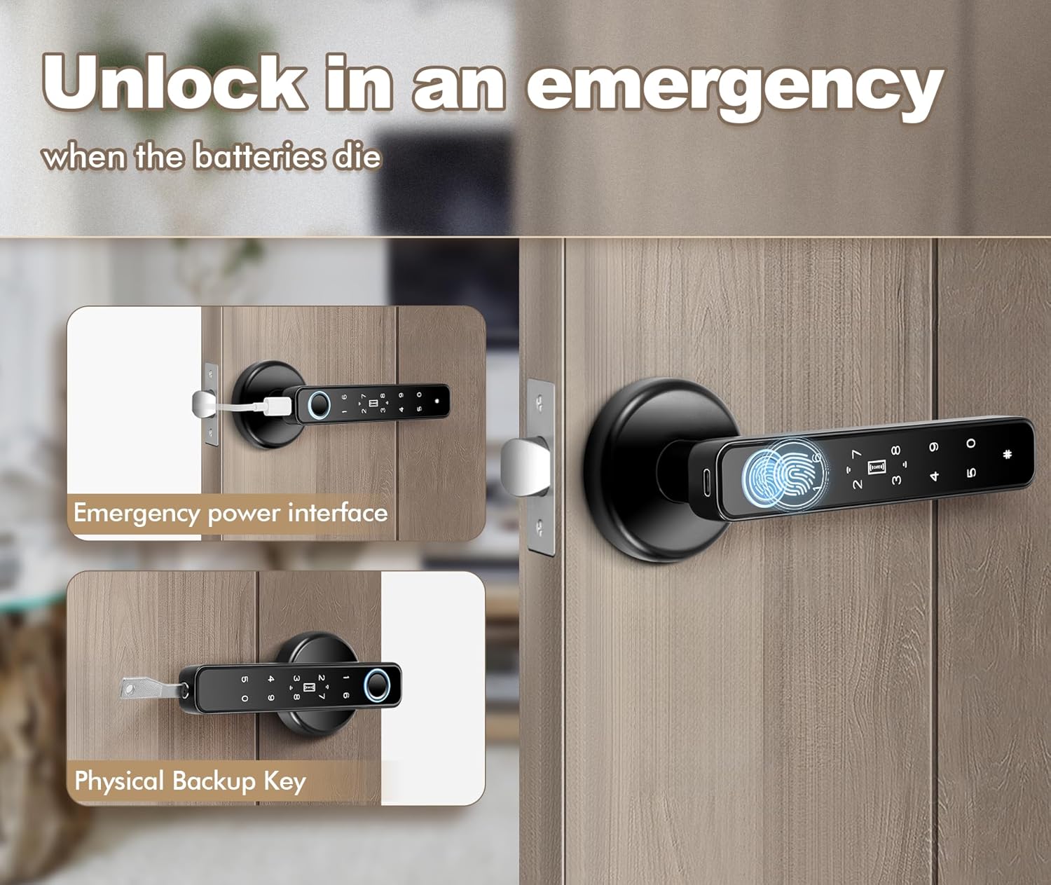 Pomo de puerta de huellas dactilares, perilla de puerta inteligente 5 en 1, cerradura de puerta de huellas dactilares para dormitorio, oficina,