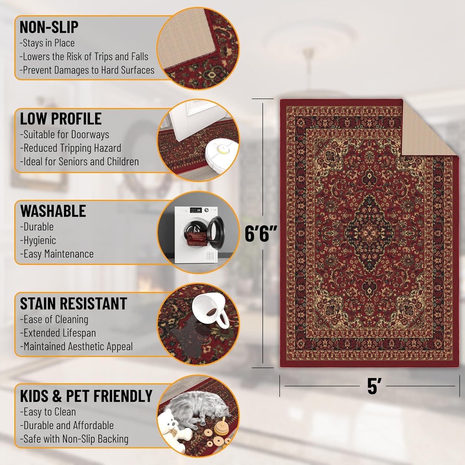 Ottomanson Ottohome Collection – Alfombra antideslizante de goma con diseño oriental, 5 x 7 pies, 5 x 6 pies 6 pulgadas, color rojo