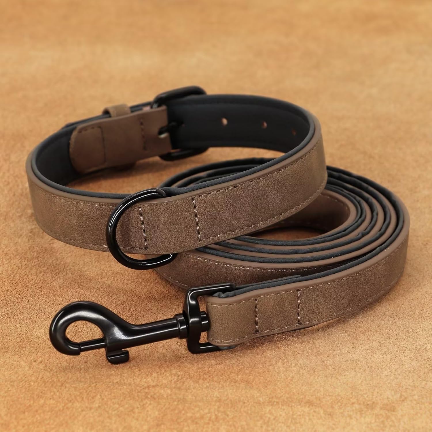 Didog Juego de collar y correa de cuero acolchado suave para perro, correa y collar resistente con hebilla de metal, collares transpirables para