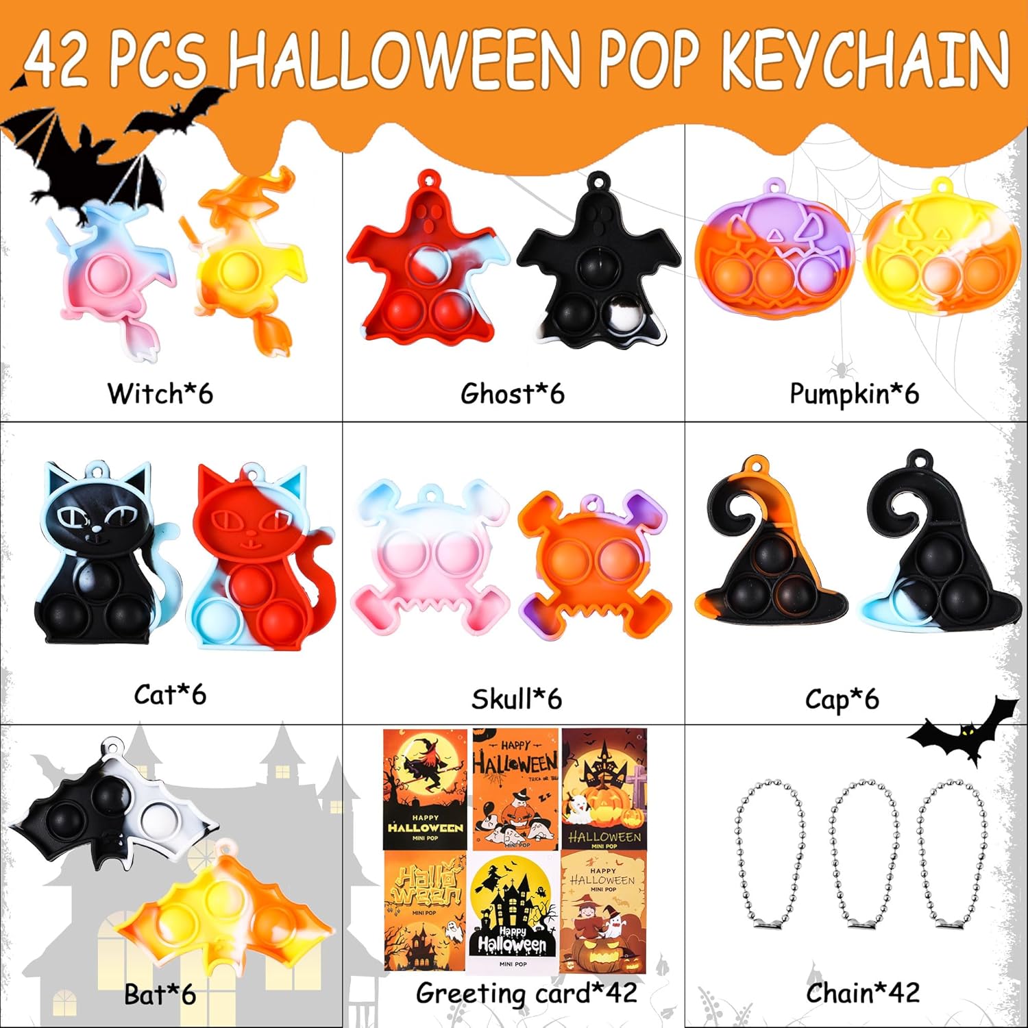 Mini juguete para ansiedad de Halloween, suministros de recuerdos de fiesta de Halloween, mini llavero para reventar, bolsas de regalo, alivio del