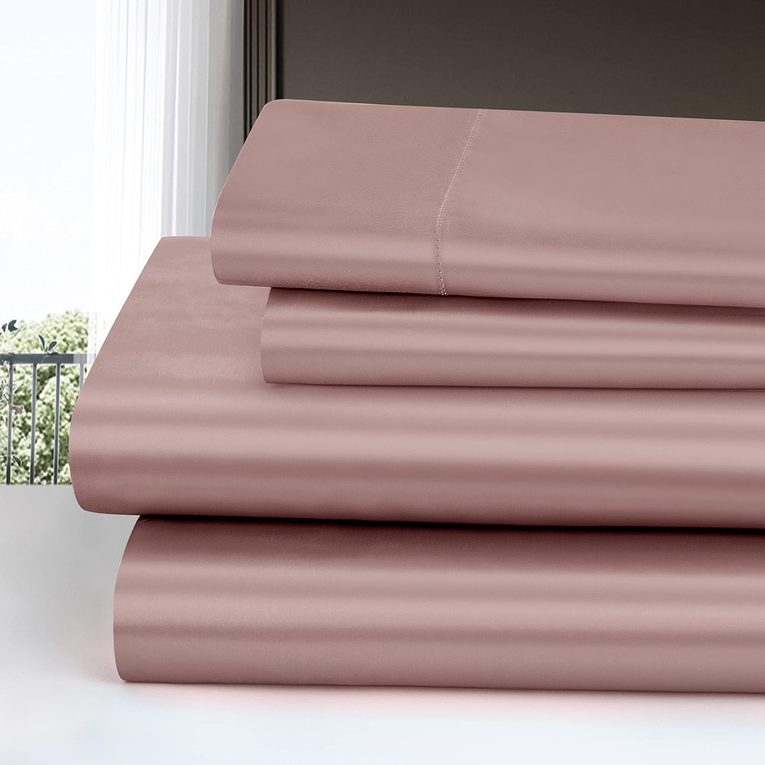 Homiest Juego de sábanas de satén de lujo de 4 piezas con bolsillo profundo, 1 sábana bajera + 1 sábana encimera + 2 fundas de almohada (tamaño