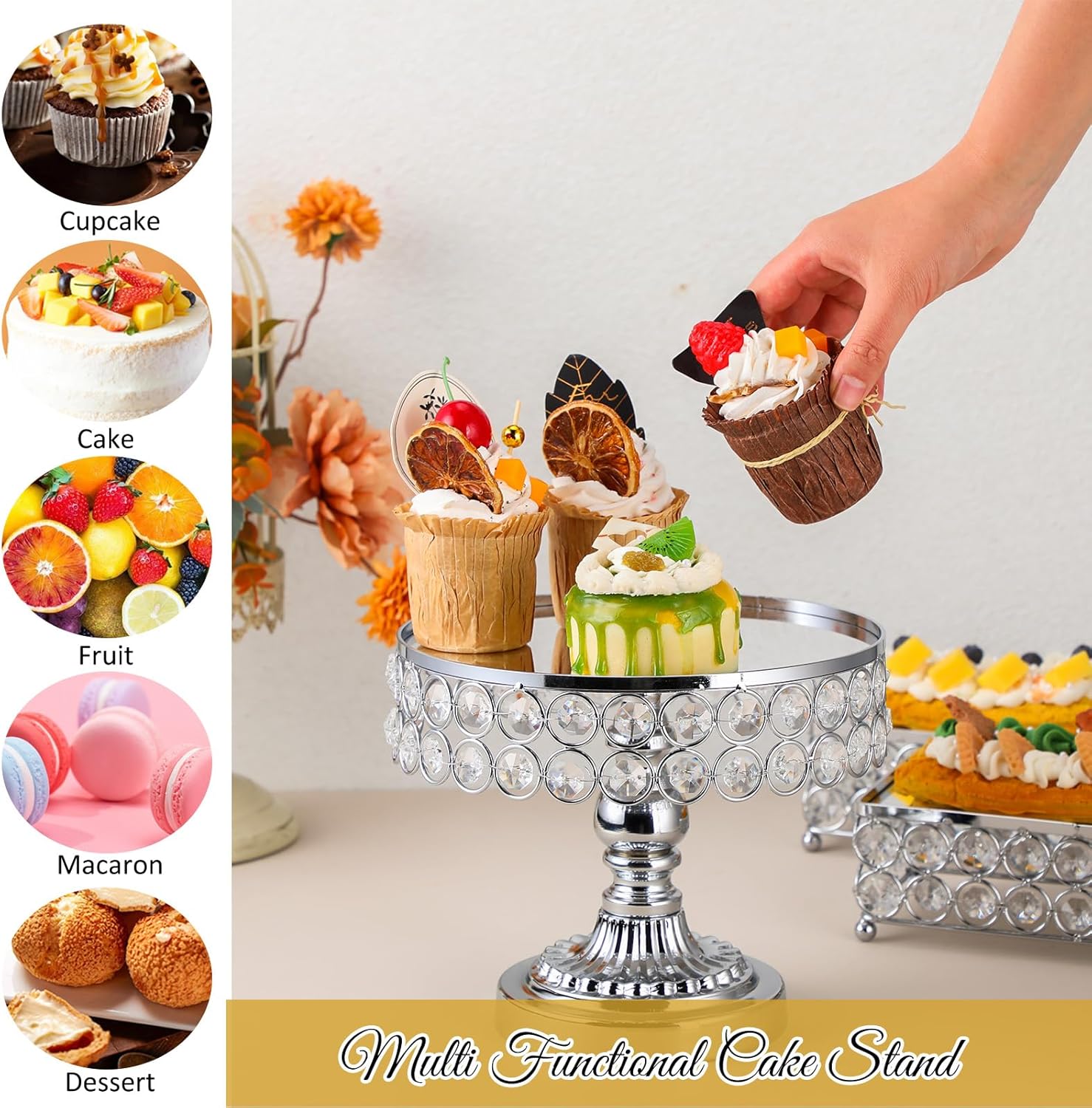 Tioncy Juego de 7 soportes para tartas con espejo de cuentas de cristal, soportes de mesa de postres de metal para mesa de postres y cupcakes para