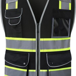 JKSafety Chaleco de seguridad negro de alta visibilidad con 9 bolsillos para hombres y mujeres, construcción reflectante, tela de malla de alta JKSafety Chaleco de seguridad negro de alta visibilidad con 9 bolsillos para hombres y mujeres, construcción reflectante, tela de malla de alta