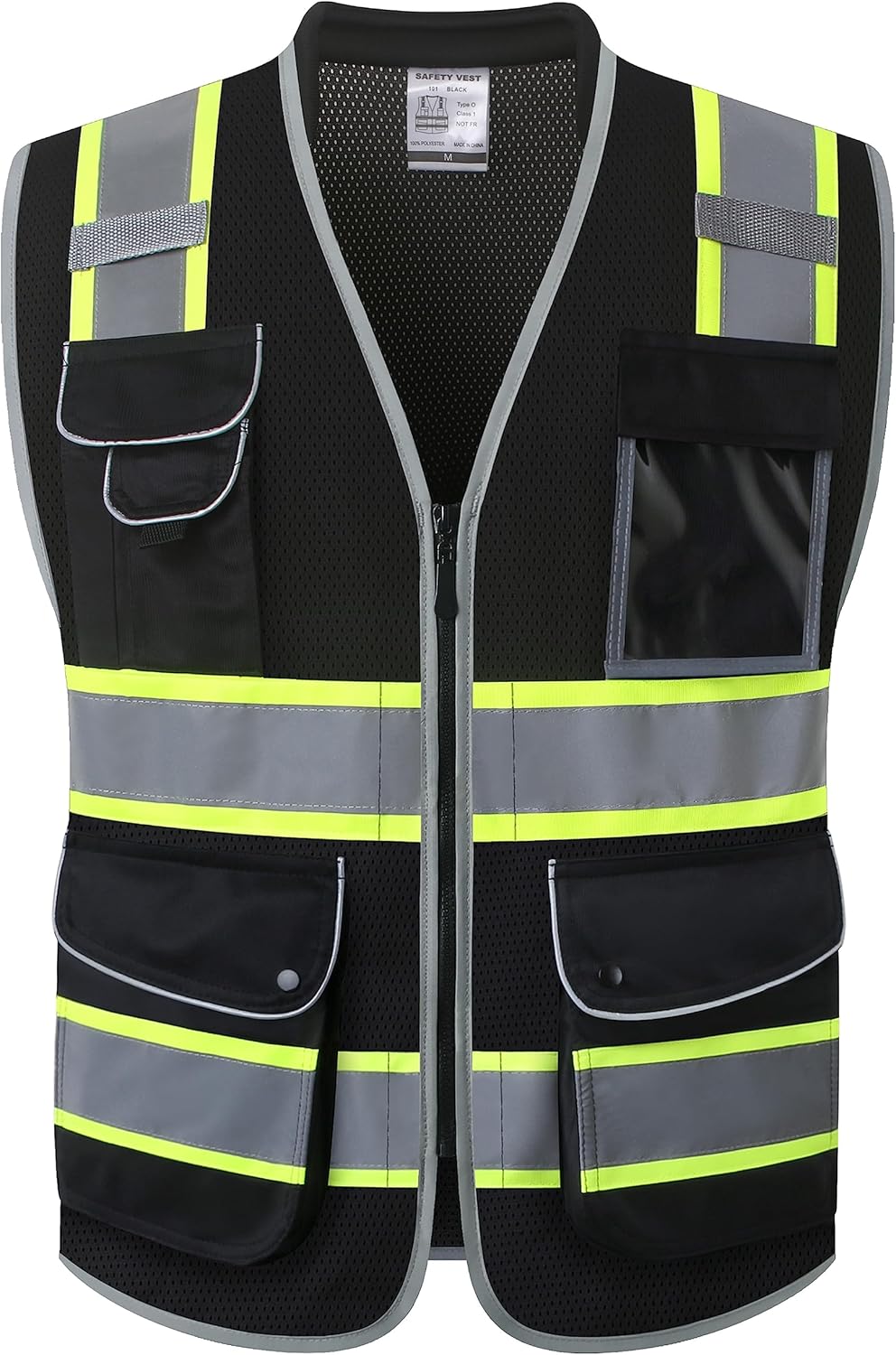 JKSafety Chaleco de seguridad negro de alta visibilidad con 9 bolsillos para hombres y mujeres, construcción reflectante, tela de malla de alta