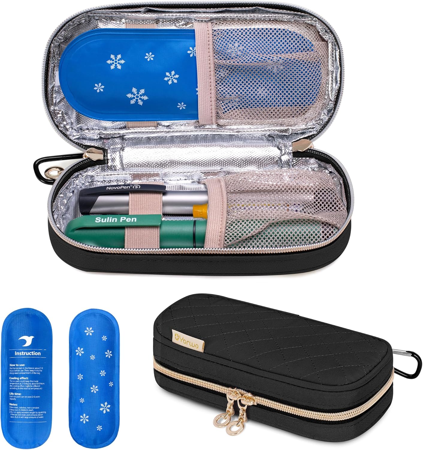 Yarwo Maletín de viaje con 2 paquetes de hielo, bolsa organizadora de medicamentos diabéticos aislada, bolsa térmica médica portátil para bolígrafos