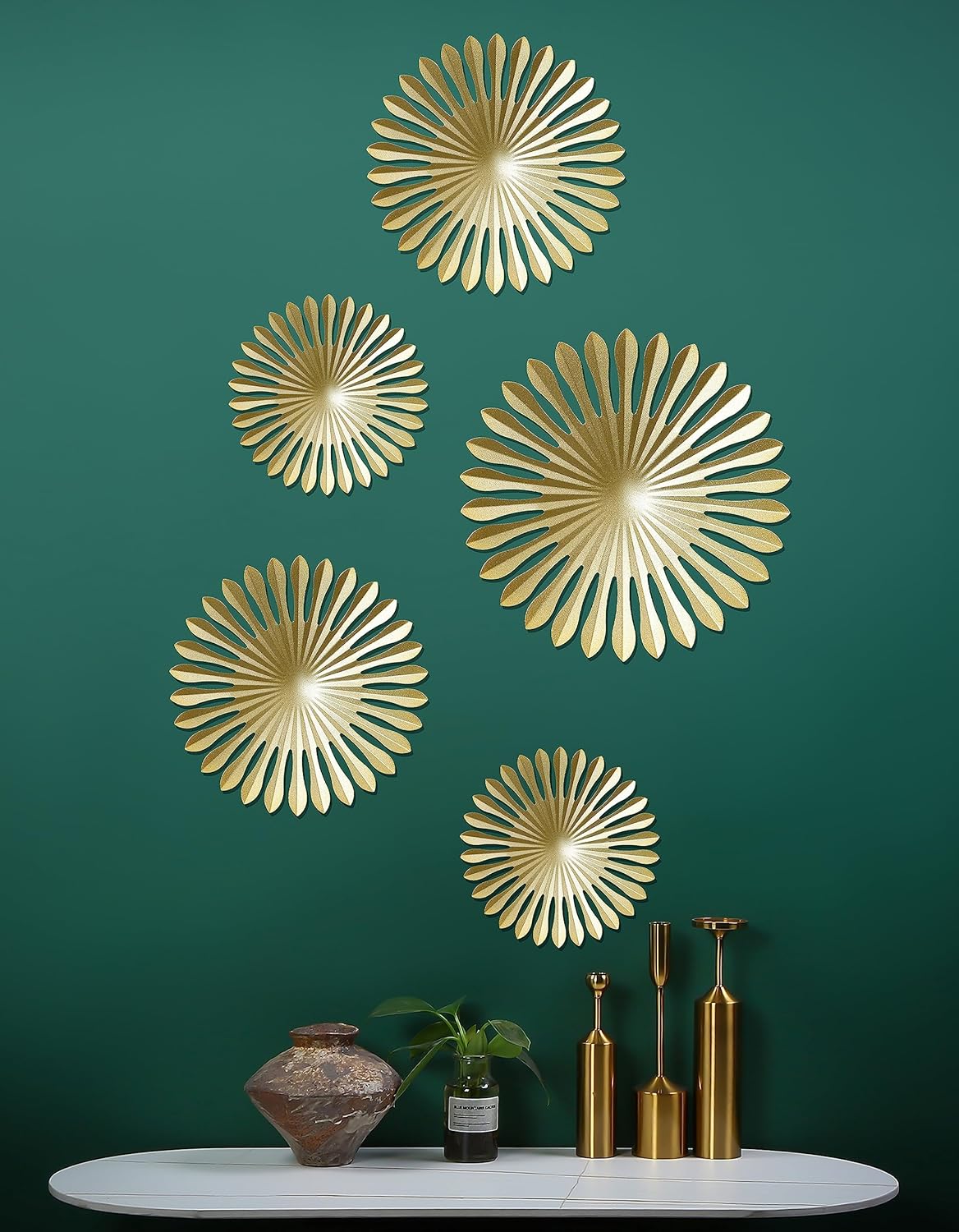 BOTAOYIYI Juego de 5 arte de pared dorado para pared, decoración de pared con diseño de explosión solar dorada, acento moderno de metal, decoración