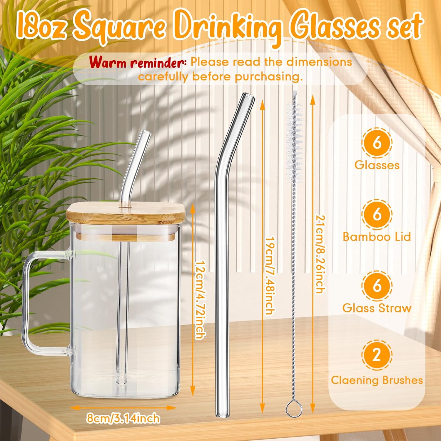 Rtteri Juego de 6 vasos cuadrados de vidrio con tapa de bambú, popote y asa, tazas de café portátiles para fiesta de graduación, regalos del día de