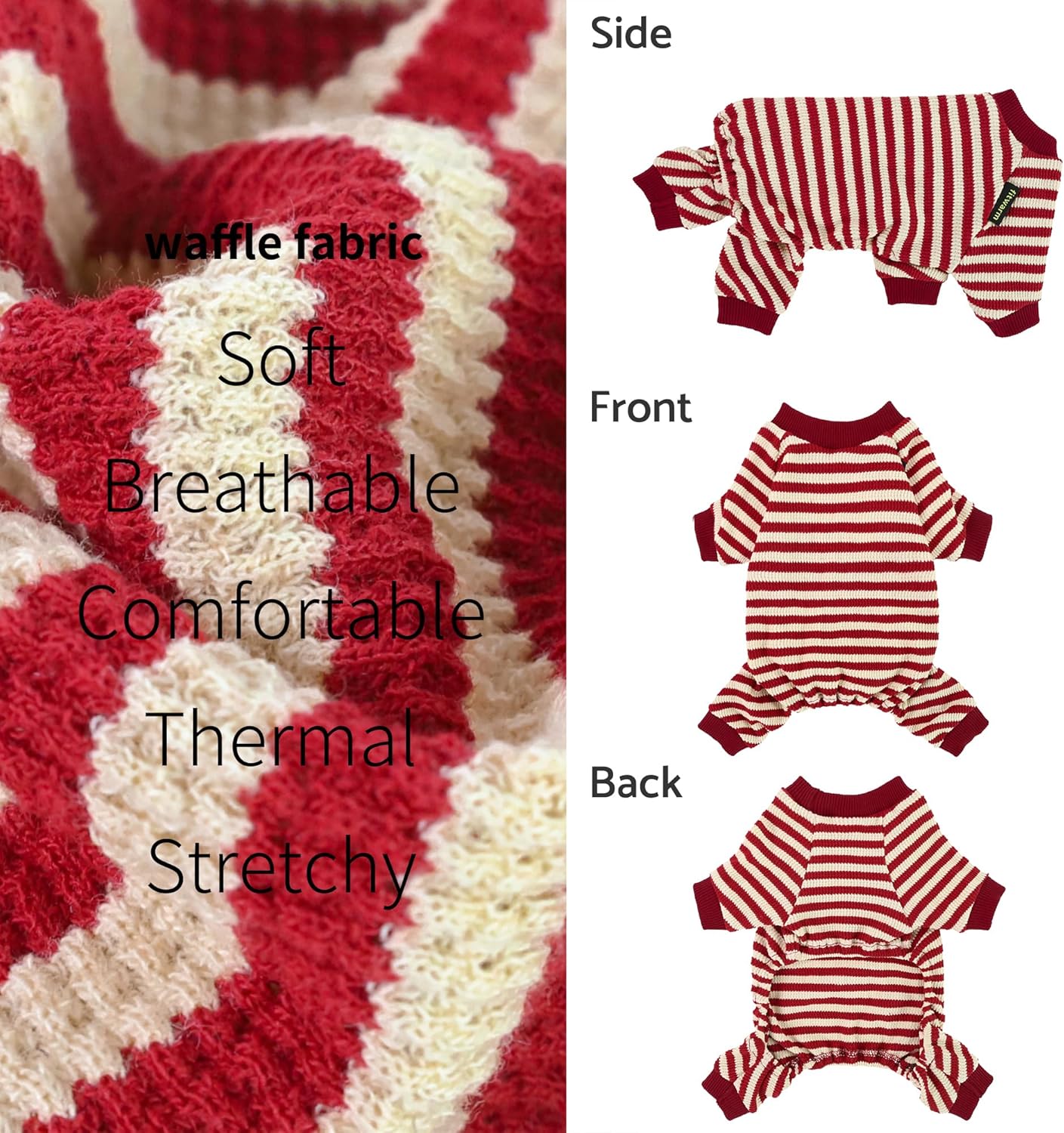 Fitwarm Pijama de perro a rayas rojas y blancas, ropa de perro de gofre para perros pequeños, hembra, niño, mameluco para cachorros con pies,