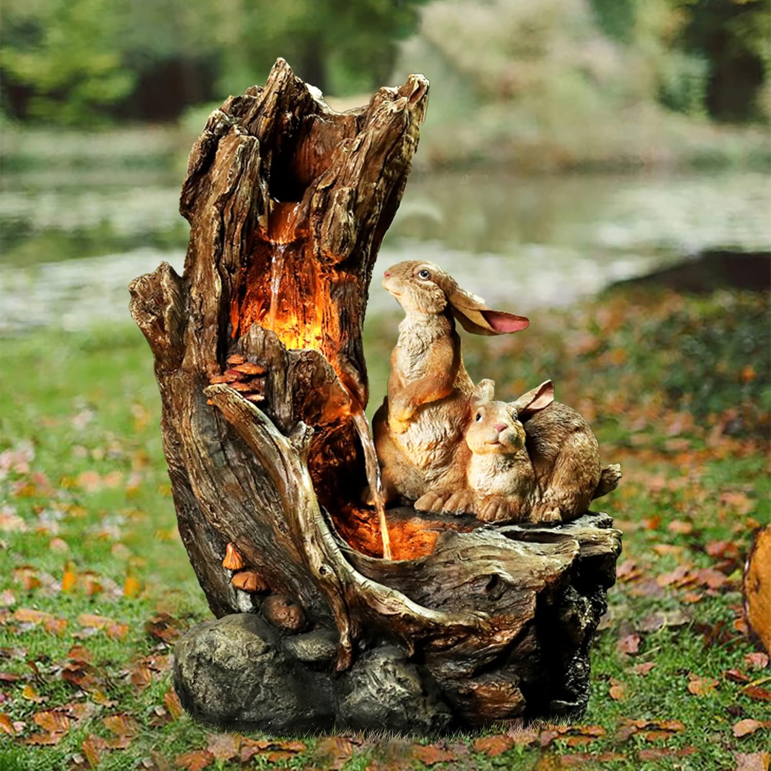 LuxenHome – Fuente de resina para exteriores con luces LED, fuente de cascada de madera de 3 niveles para jardín, patio, patio, terraza, estatua de