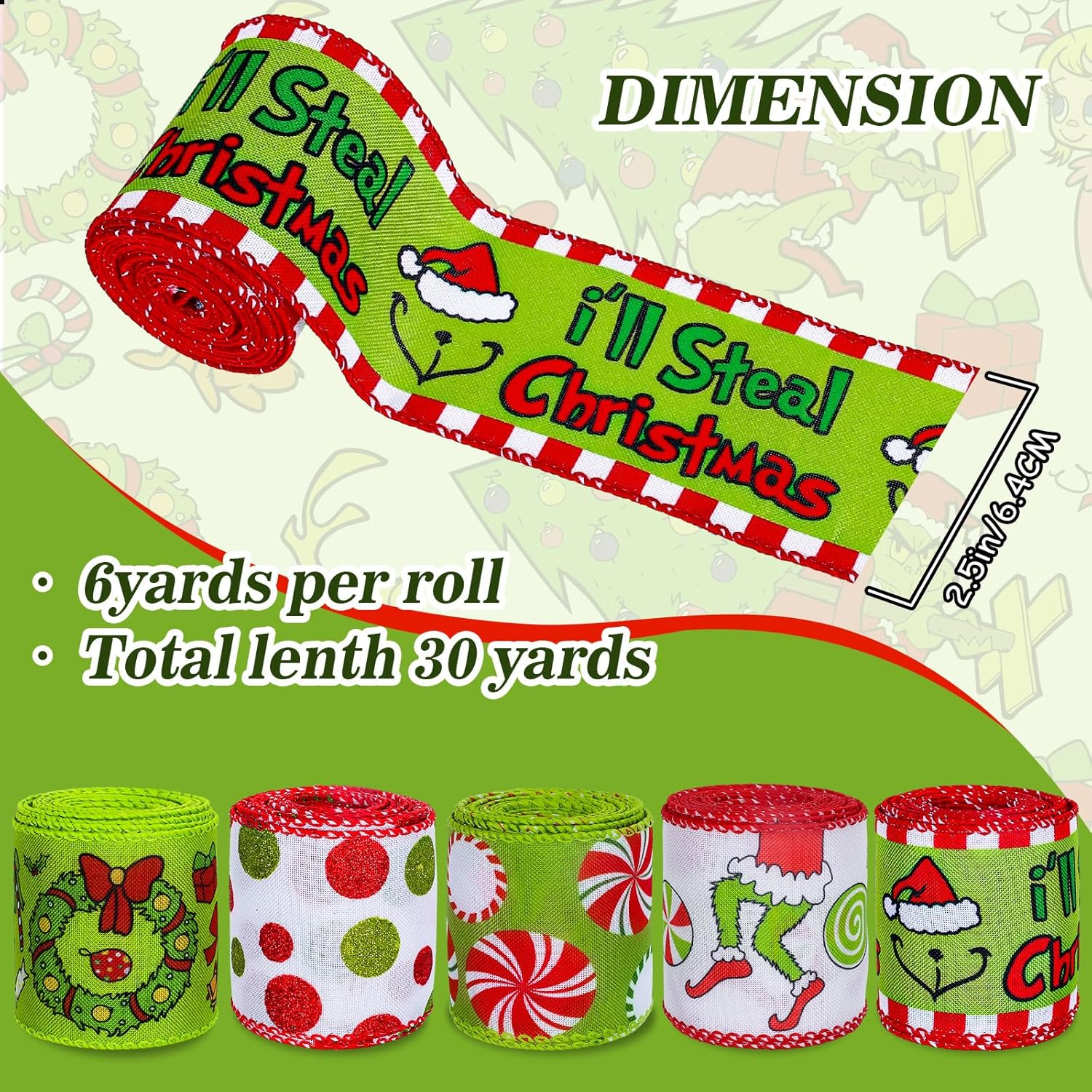 AnyDesign – 5 rollos de cinta de Navidad con borde con alambre de Navidad, divertido personaje de dibujos animados, cinta roja y verde con