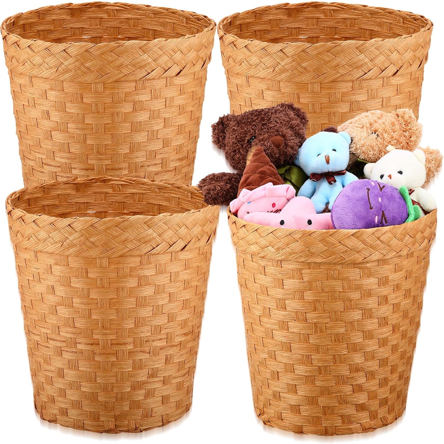 Bokon 4 cestas de basura de pajita, estilo bohemio, tejidas, naturales, para baño, papelera, papelera, papelera, papelera pequeña, redonda, para