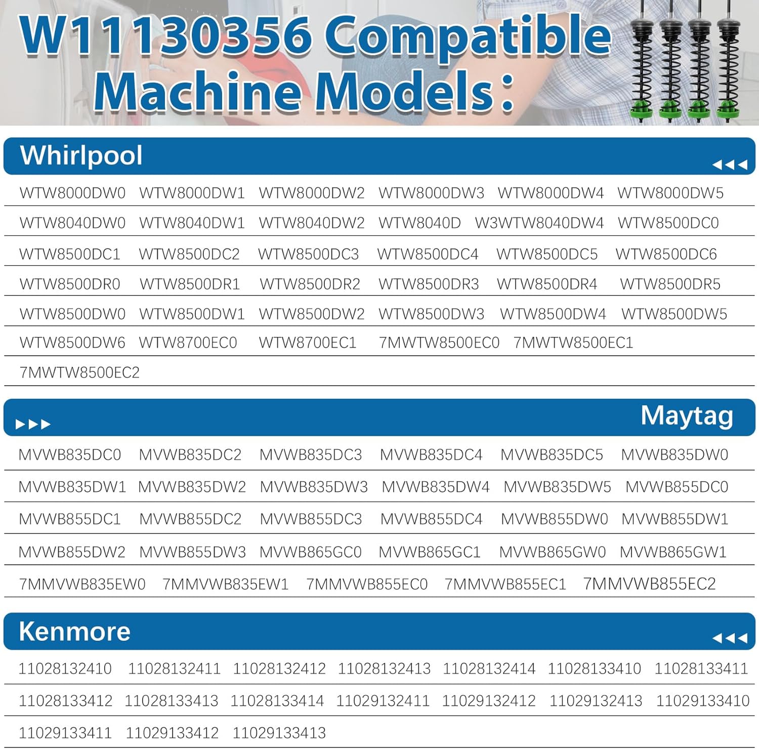 W11130356 Varilla de suspensión compatible con lavadora Whirlpool Maytag Kenmore 7MWTW8500EC0, 7MWTW8500EC1, WTW8000DW0, 7MMVWB835EW0, 7MMVWB855EC0,