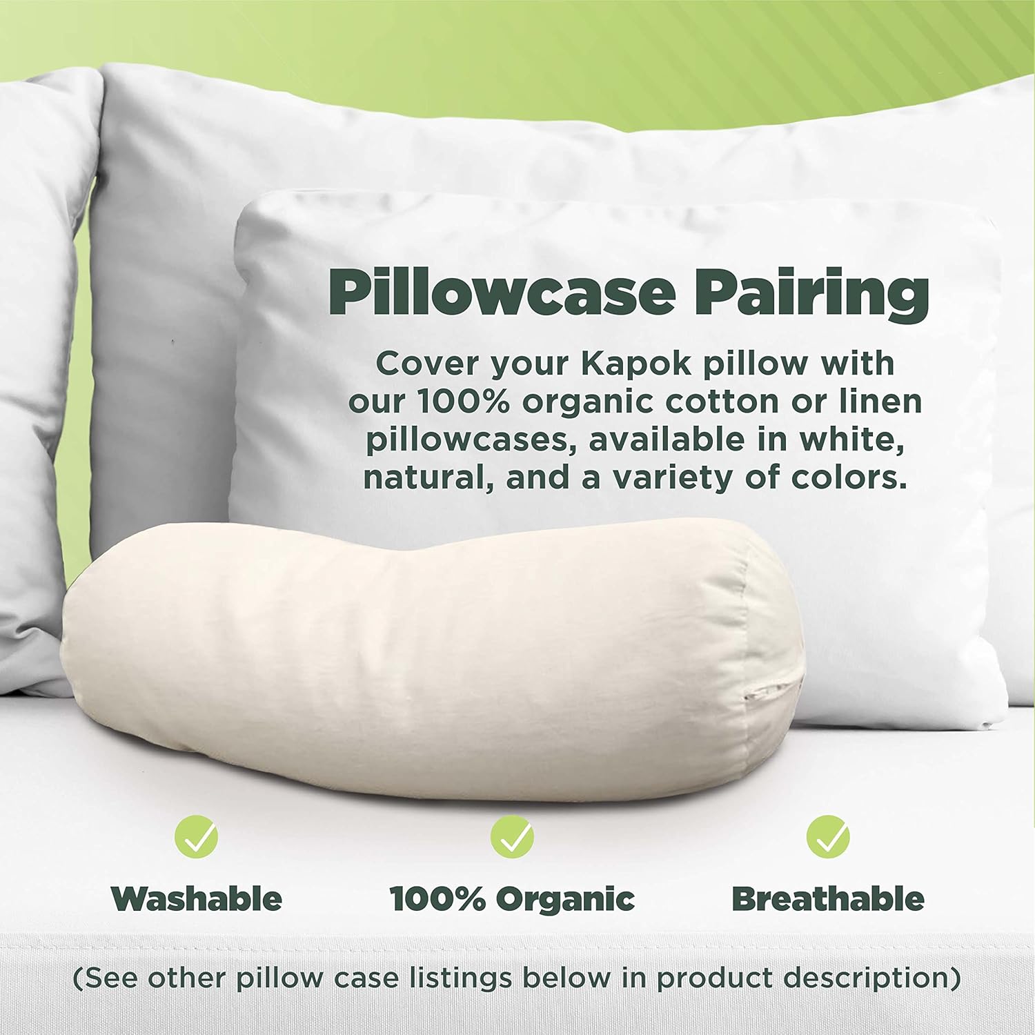 Bean Products Neck Roll – Almohada orgánica Kapok + funda orgánica orgánica de 5 x 14 pulgadas, funda de algodón orgánico con cremallera, fabricada