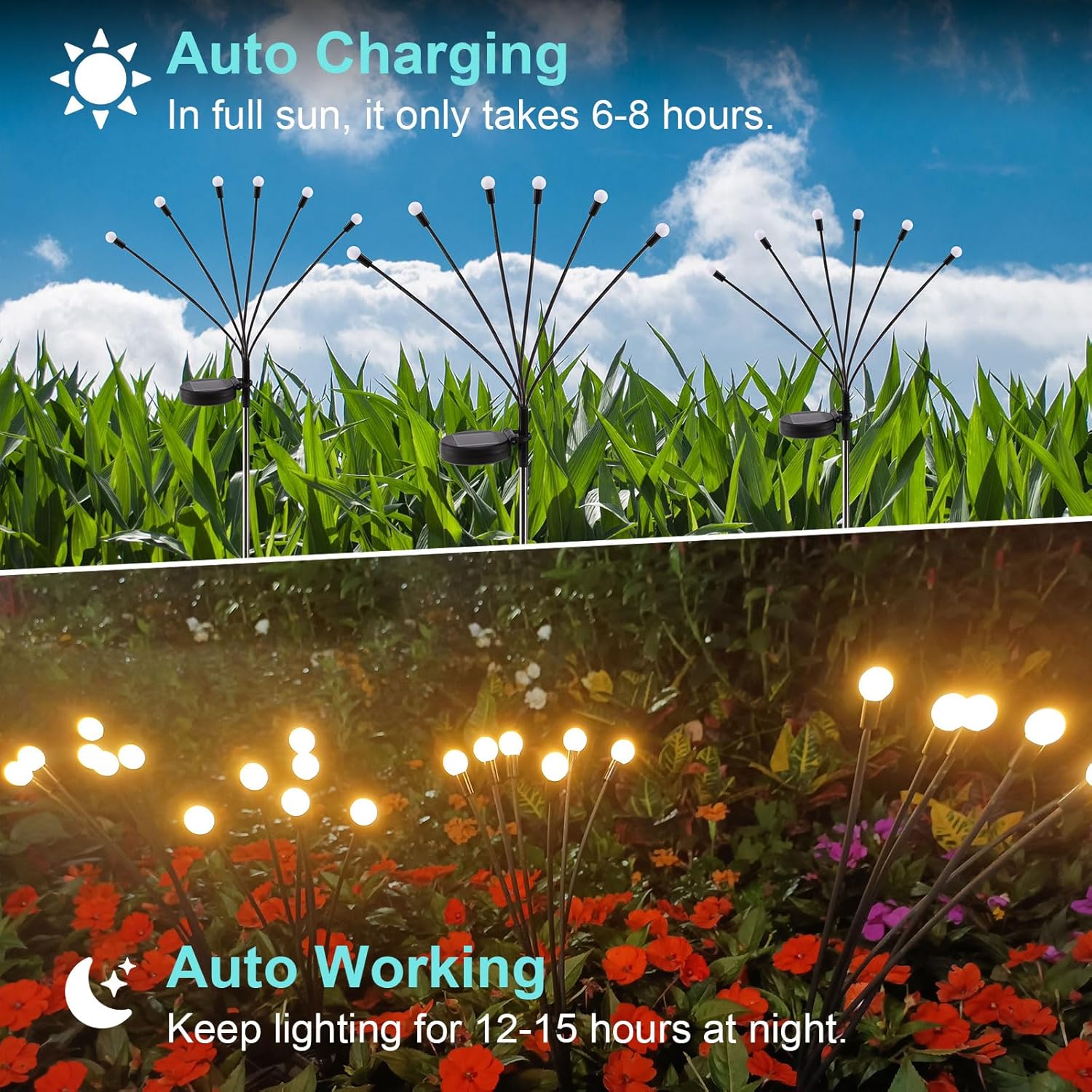 GreenClick Luces solares de jardín, luces solares de luciérnaga IP65, luces solares balanceadas con alambre de hierro flexible, luces de paisaje