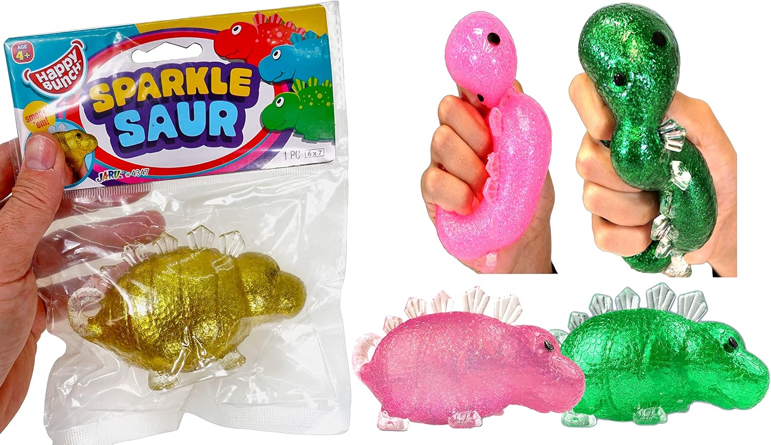 Bola para ansiedad brillante de dinosaurio llena de purpurina (4 dinosaurios), bola de dinosaurio elástica para aliviar el estrés, juguete para