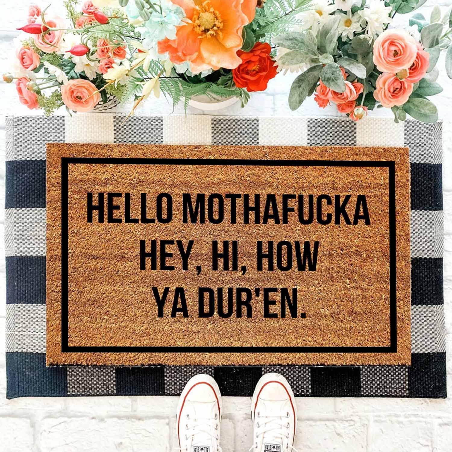Tapete divertido de fibra de coco con texto en inglés Hello Mothafucka Hey Welcome para la entrada, tapete personalizado con respaldo de PVC