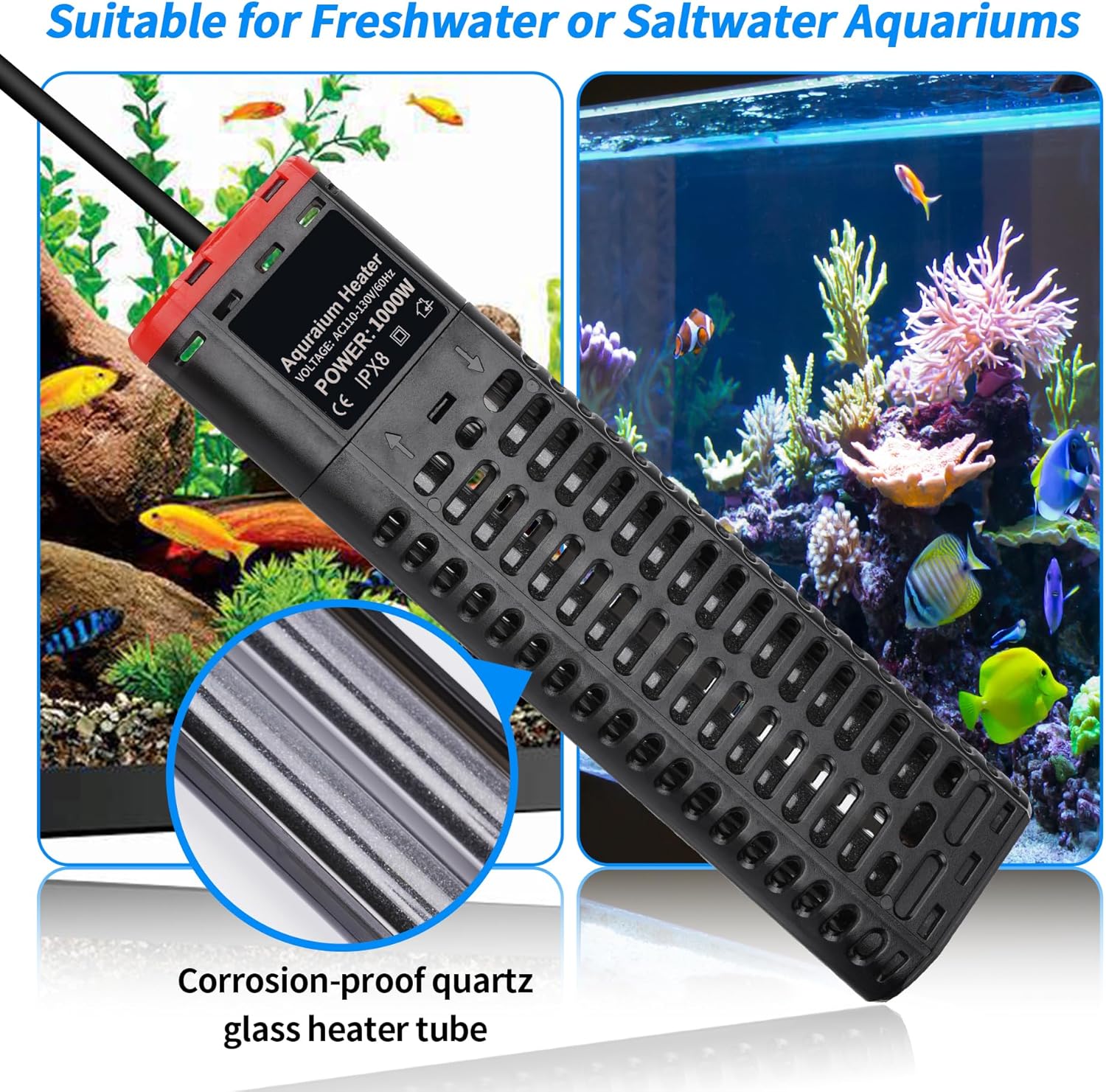 Calentador de acuario de 1000 W sumergible para pecera con tubos de cuarzo dobles y controlador de temperatura de pantalla LED para 150-300 galones,