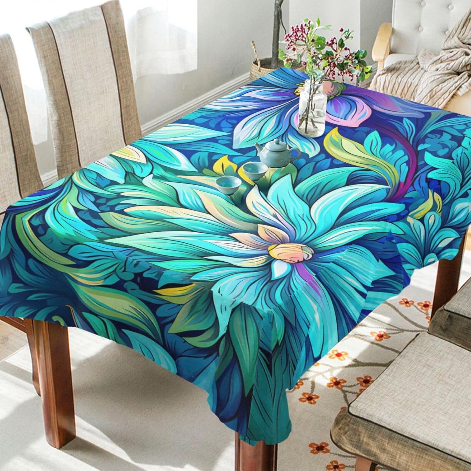 ZOEO Mantel rectangular con estampado de flores Bohomia color azul, moderno, mantel de cocina y comedor, mantel decorativo lavable para fiestas,