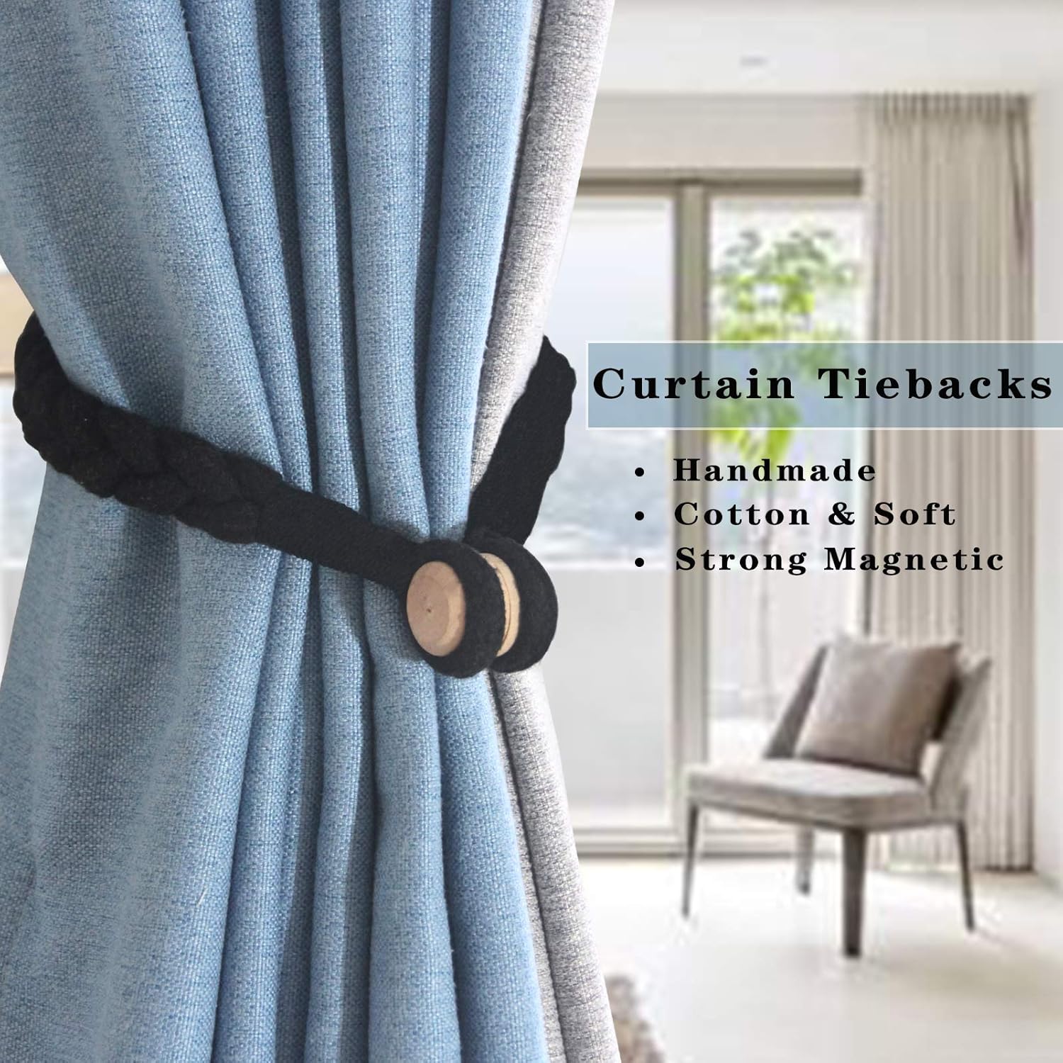 Paquete de 4 alzapaños magnéticos negros suaves para cortinas, de algodón, tejido a mano, con hebilla de madera, para decoración del hogar y la