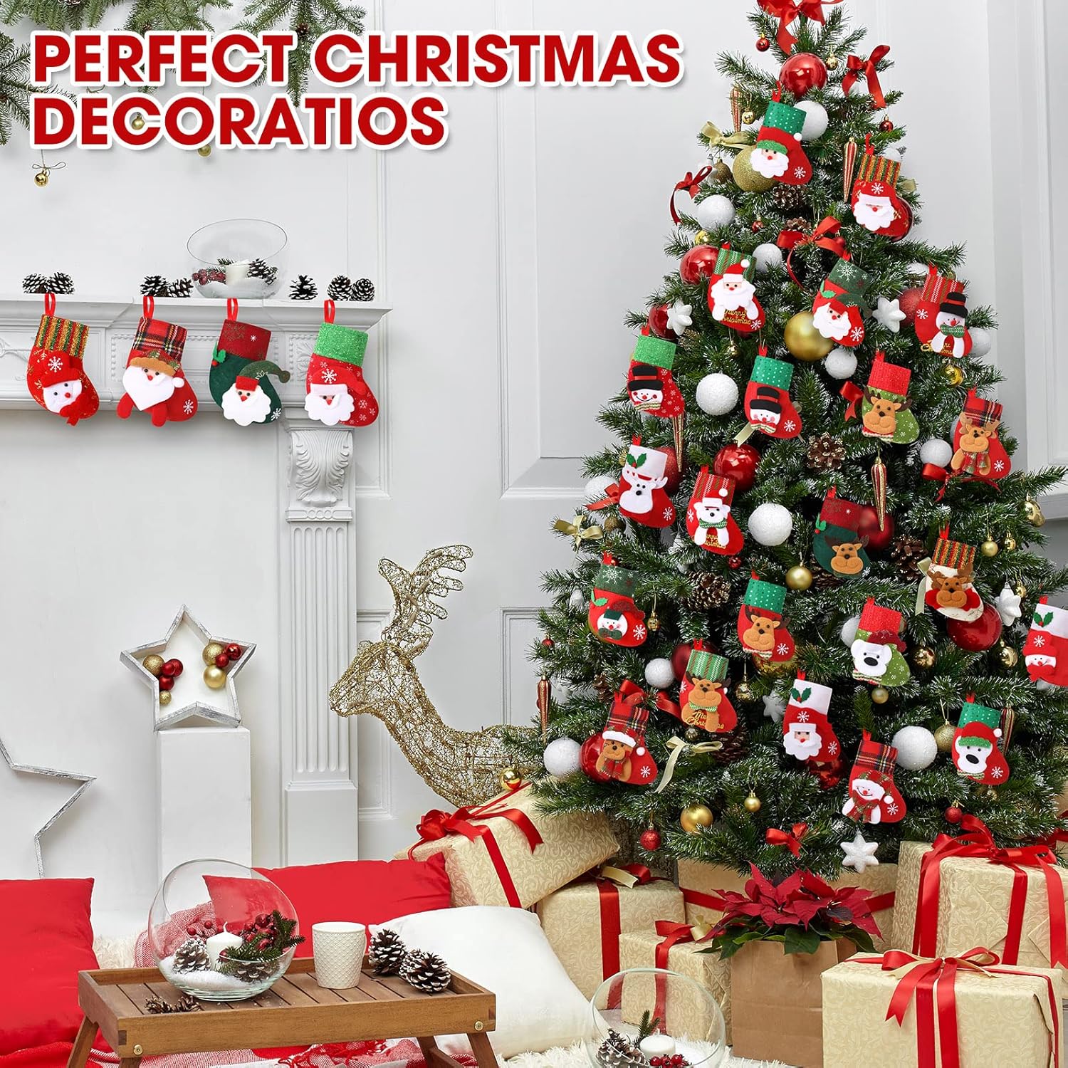 30 mini medias de Navidad a granel de 6.3 pulgadas, mini medias de Navidad 3D, soporte para tarjetas de regalo, muñeco de nieve, Papá Noel, reno,