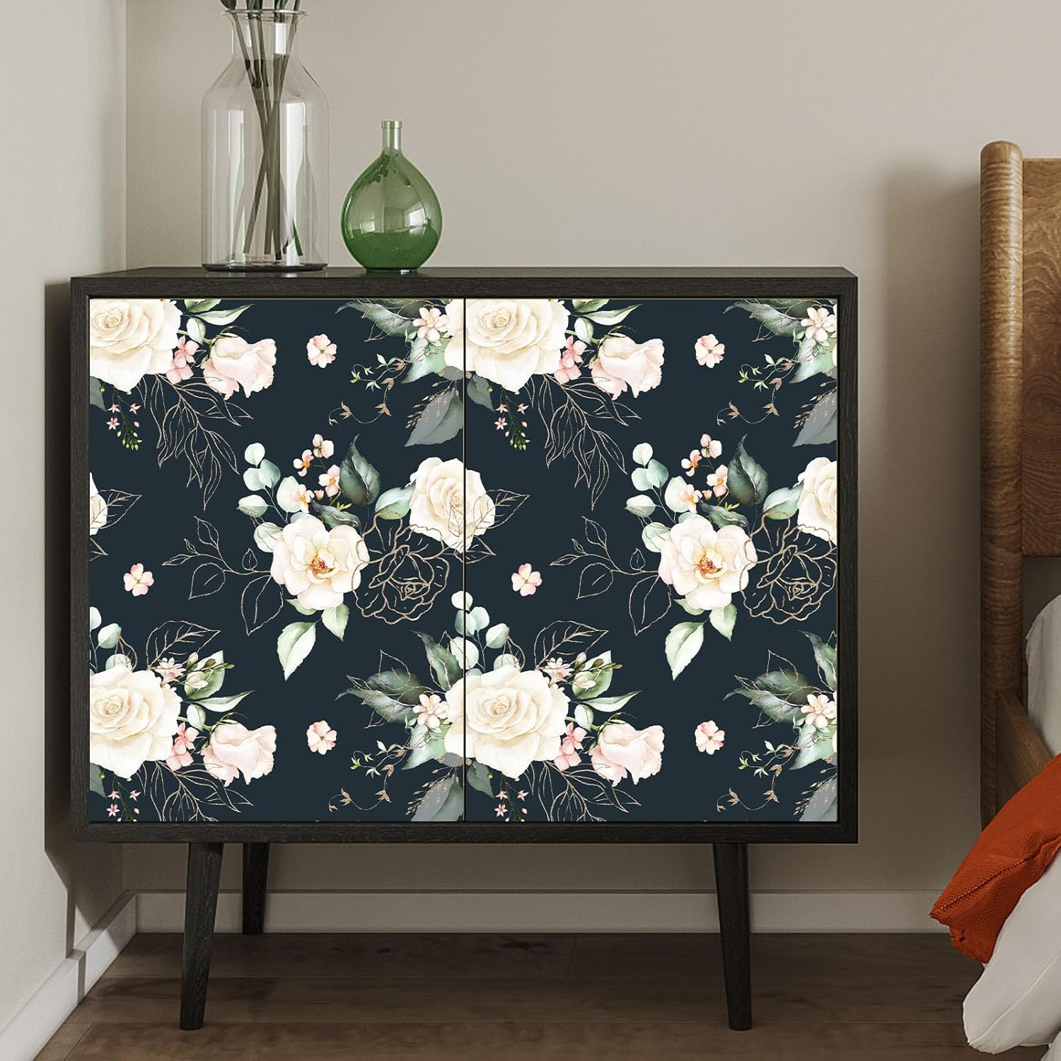 BaoHArtHome Papel tapiz floral para despegar y pegar, papel de contacto extraíble, hojas de oro negro, bohemio, fácil de despegar, autoadhesivo,