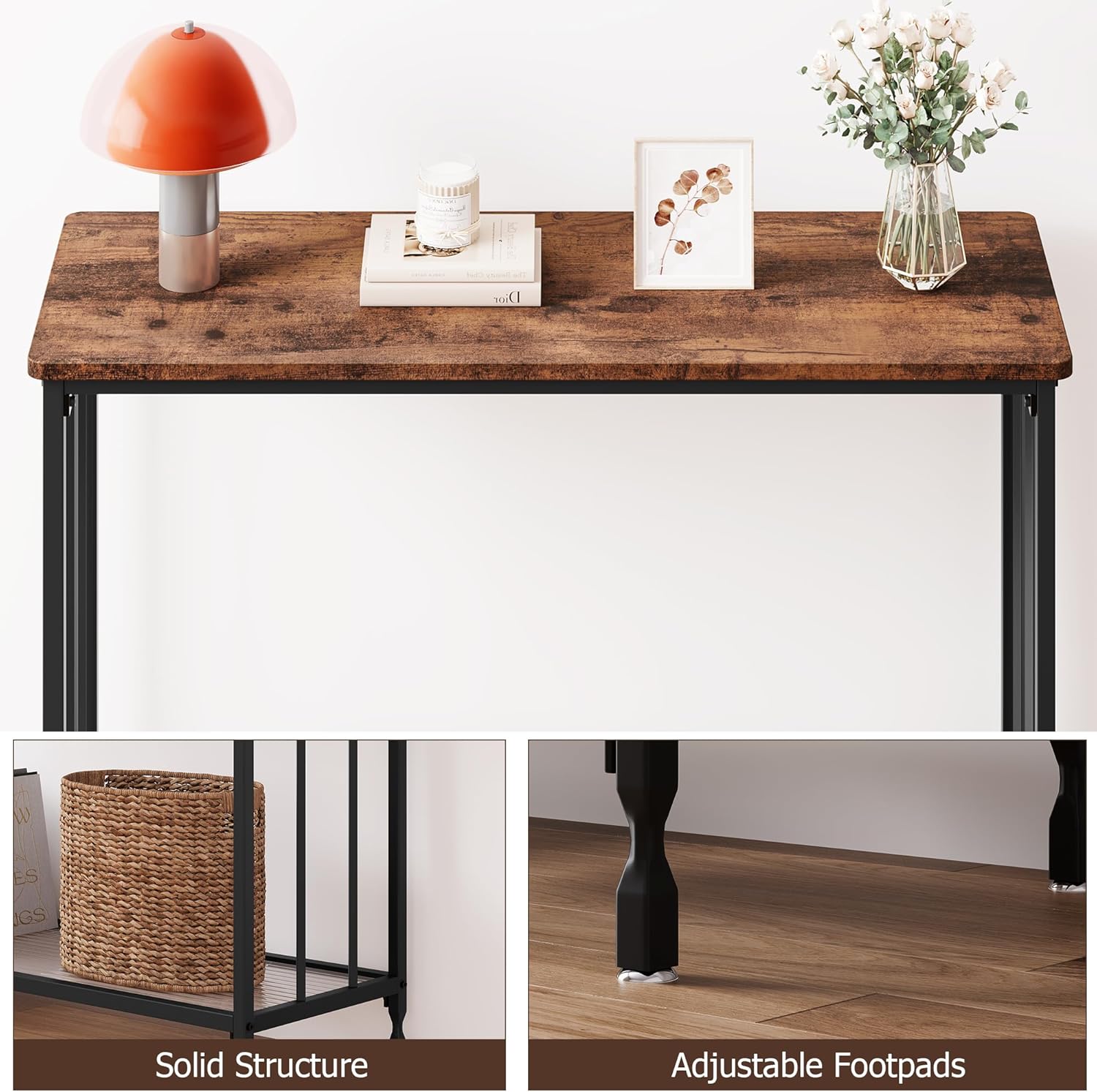 Mesa consola, mesas de sofá, mesa de entrada estrecha con estante de vidrio y marco de metal, mesa de pasillo industrial de 33.5 pulgadas para sala