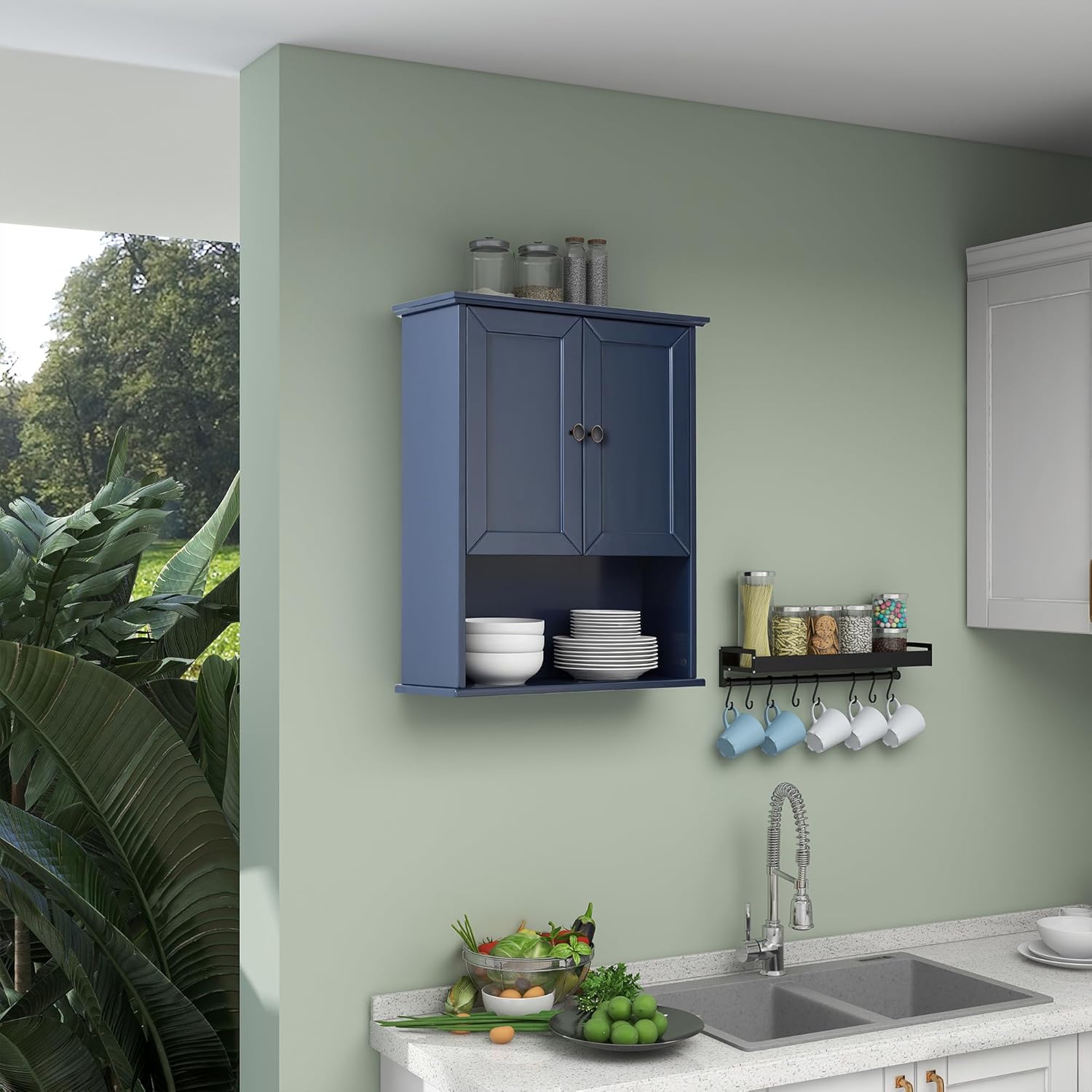 Armario de baño azul montado en la pared, botiquines de madera sobre inodoro, gabinete de almacenamiento de 24 x 30 pulgadas, gabinete de pared