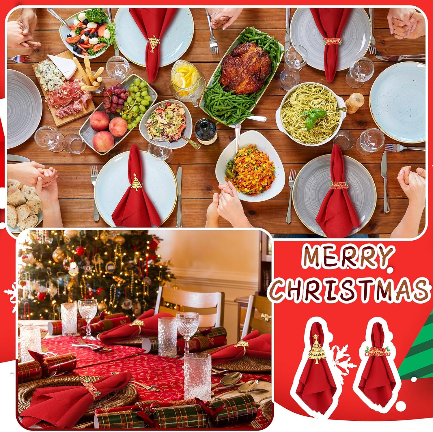 Sliner Juego de 24 servilletas y anillos de Navidad, 12 servilletas de Navidad lavables de color rojo y 12 servilleteros de Navidad para cenas