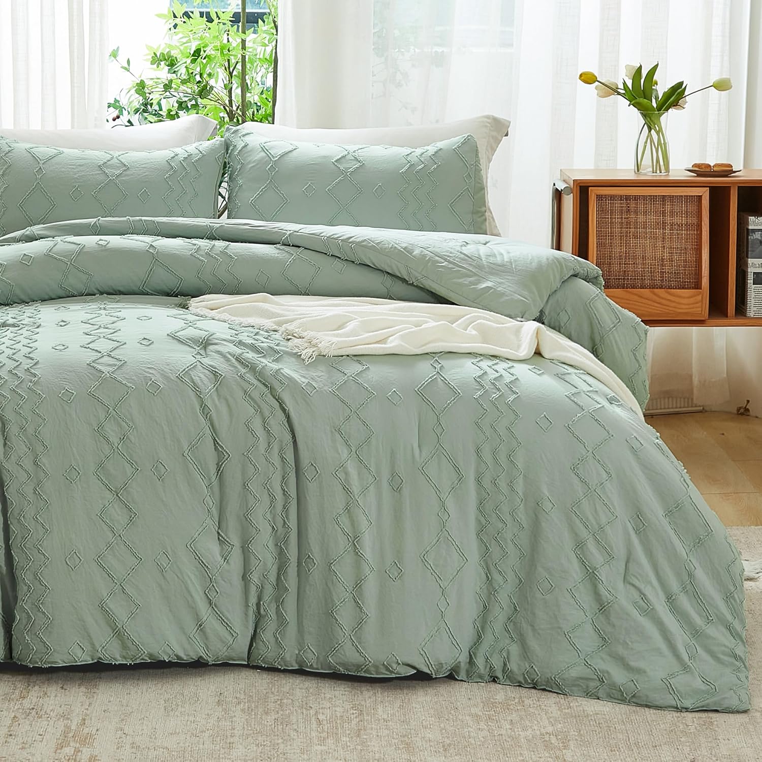 Andency Juego de edredón verde copetudo, tamaño matrimonial (79 x 90 pulgadas), 3 piezas (1 edredón acolchado y 2 fundas de almohada), edredón