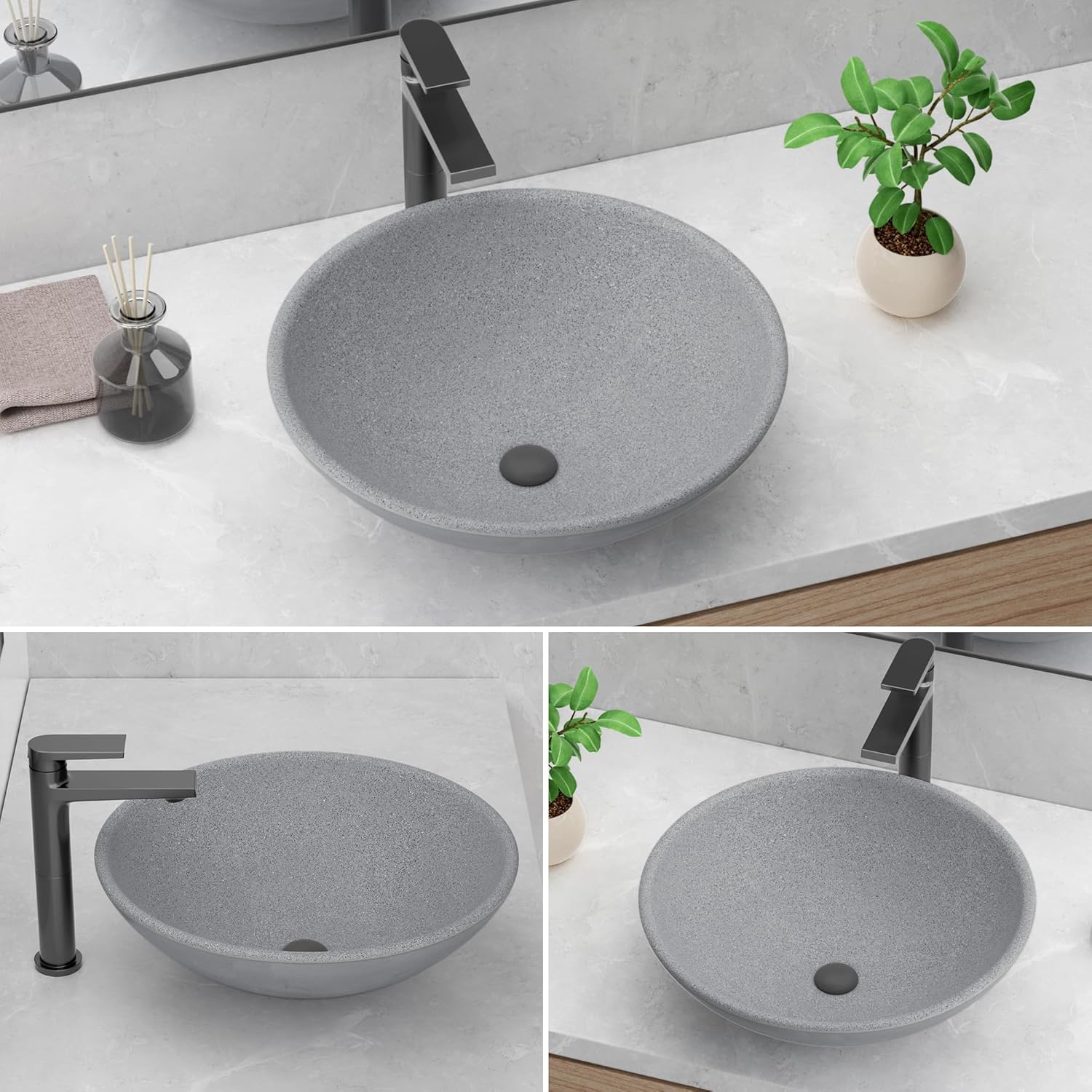 Fregadero redondo de baño de 16 pulgadas, fregadero de baño de encimera, fregadero de baño pequeño de hormigón, fregadero de baño sobre encimera,