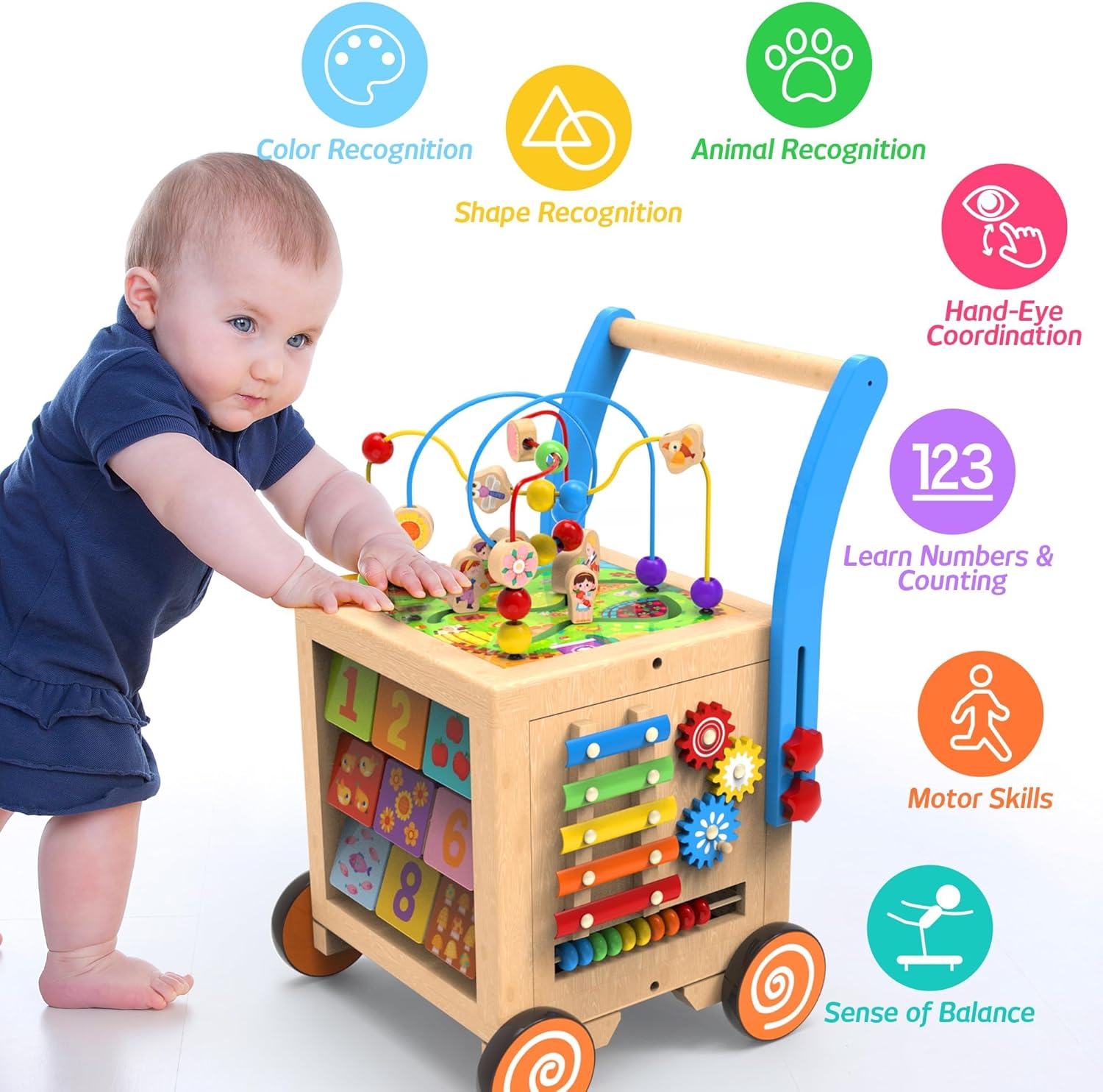 Andador de madera para bebés  Cubo de actividades de madera 9 en 1, centro de actividades de aprendizaje sentado a pie, juguetes educativos