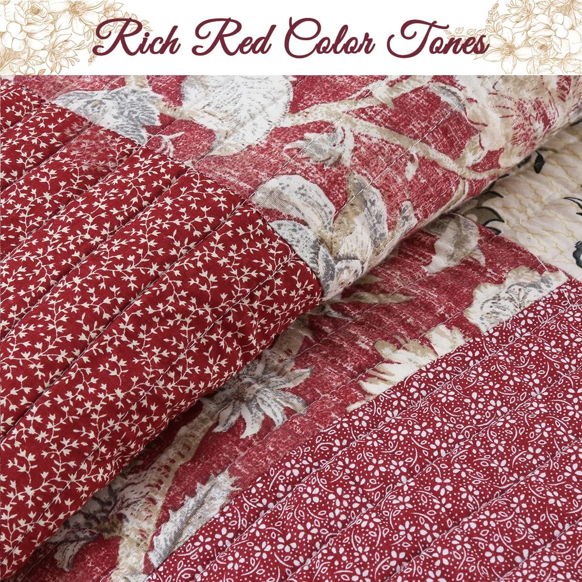 Cozy Line Home Fashions Juego de ropa de cama reversible de 100% algodón, diseño de retazos rojos y flores a cuadros, colcha (jardín vintage, King,