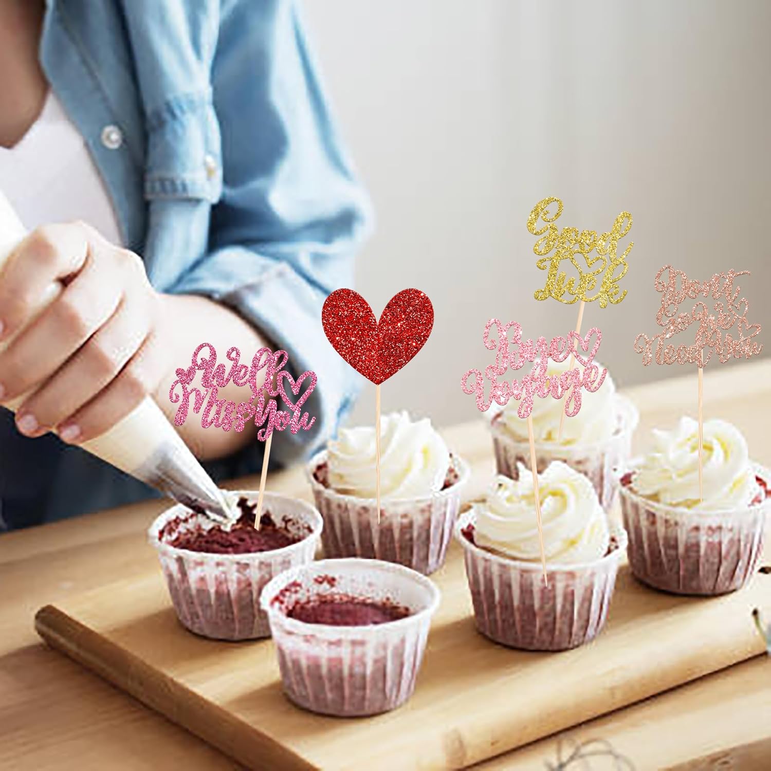 Paquete de 30 adornos para cupcakes con purpurina de corazón de buena suerte, decoración de tartas para fiesta de despedida, suministros de