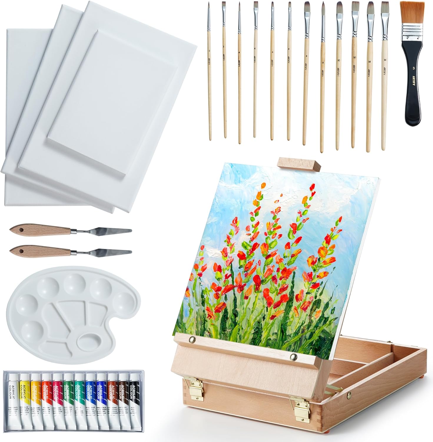 ARTIFY – Juego de caballete de caja de bocetos de mesa, caballete de artista de escritorio con pinturas acrílicas de 12 colores, 13 pinceles, 4