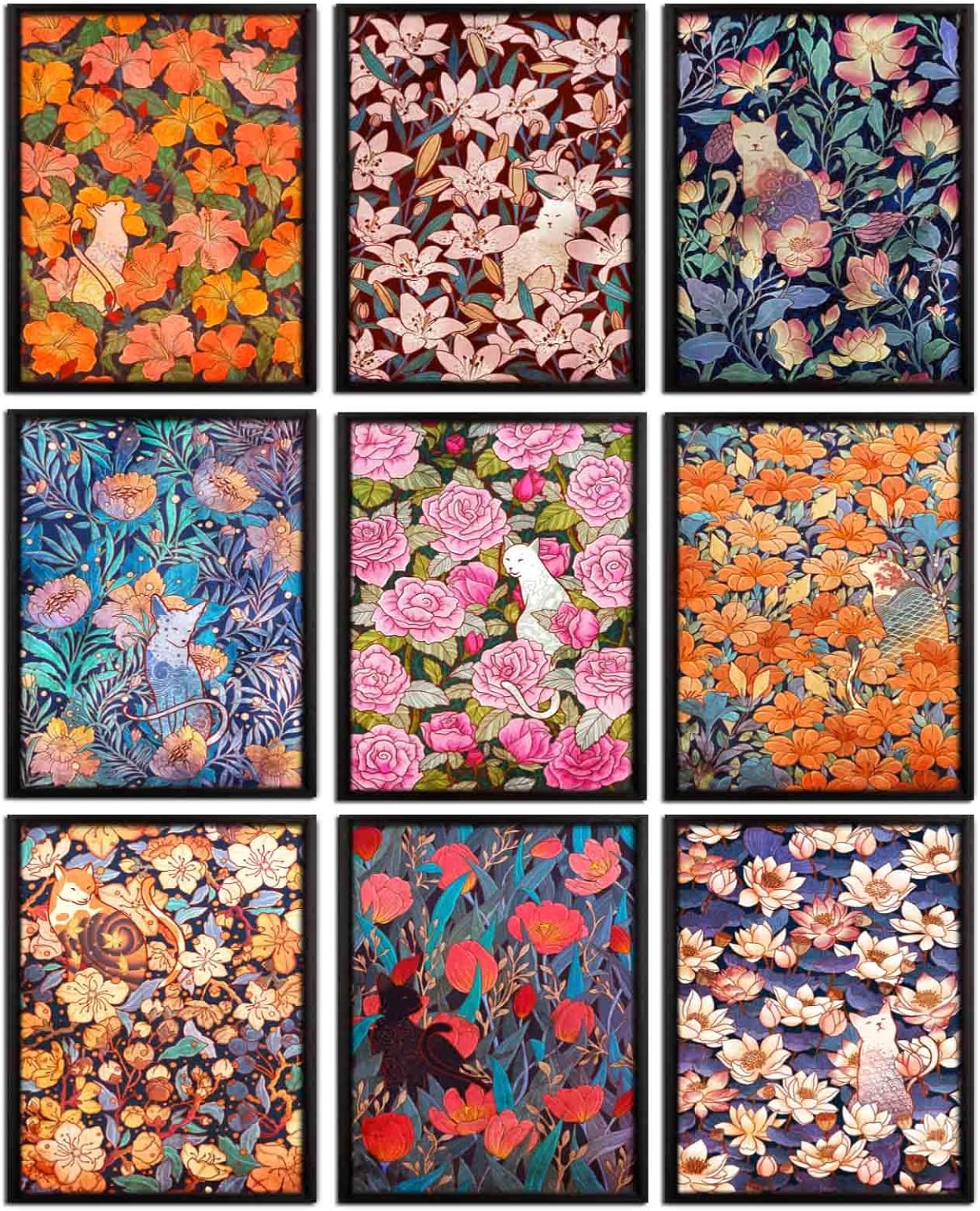 AKBOK 9 pósteres de gatos y flores, arte botánico de gato, carteles de naturaleza, arte para decoración del hogar, amantes de los gatos, entusiastas