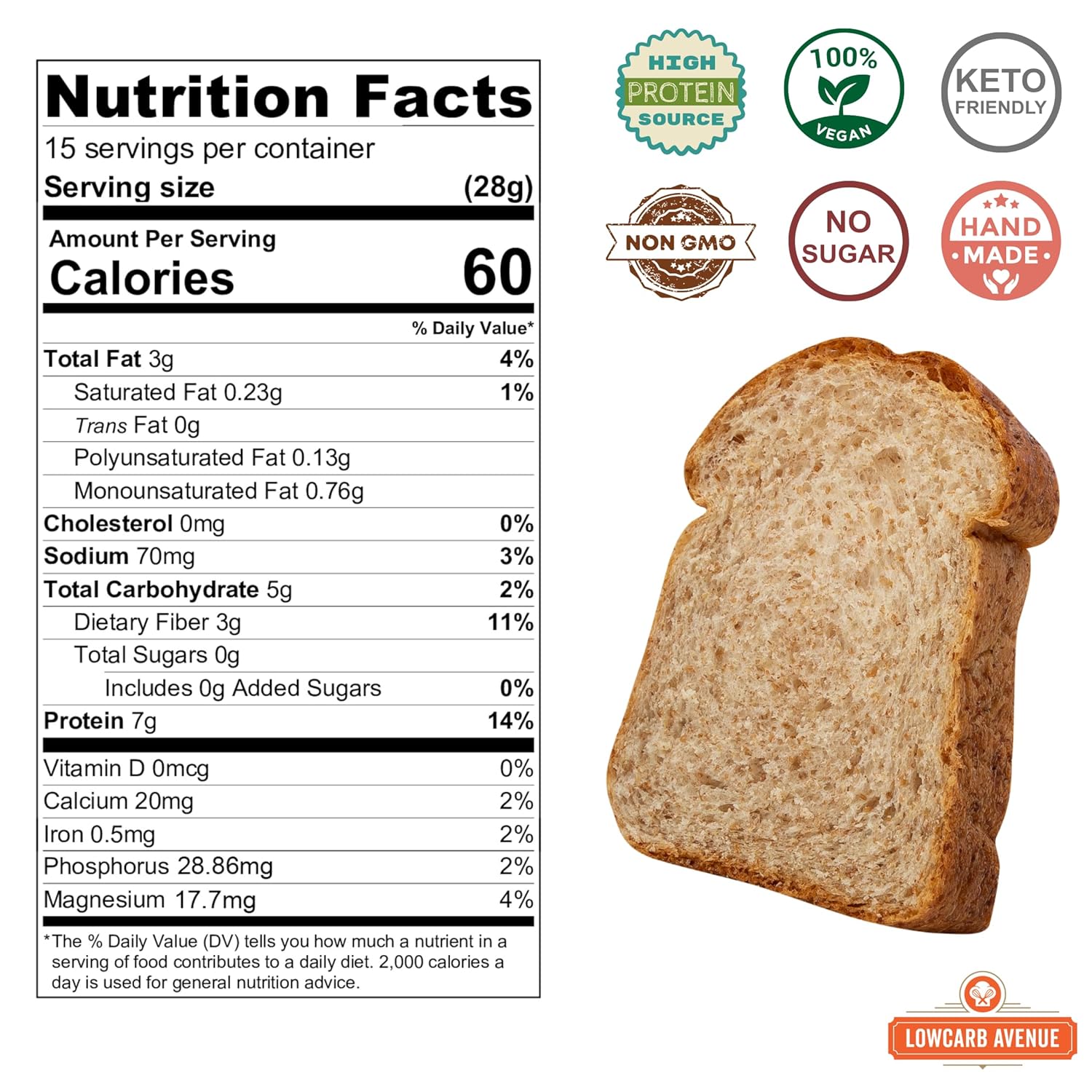 Low Carb Avenue – Pan artesanal Keto  0.17 oz de proteína y 0.07 oz de carbohidratos netos  Bajo en calorías, vegano, sin azúcar  Pan de pan fresco,