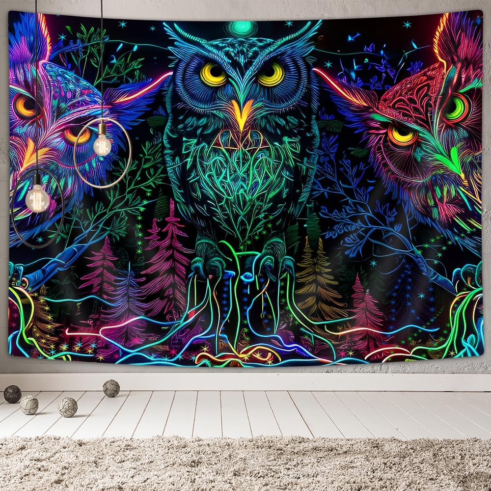JAWO Tapiz psicodélico de búho, diseño de línea de bosque trippy, tapiz para colgar en la pared para dormitorio, luna, animal, pájaro, luz negra,