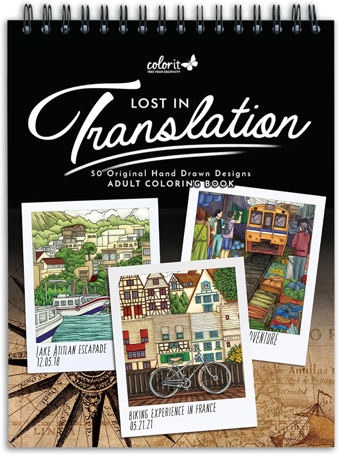 ColorIt Lost in Translation – Libro para colorear con espiral para adultos, 50 diseños de una sola cara de destinos y atracciones de viaje únicos,