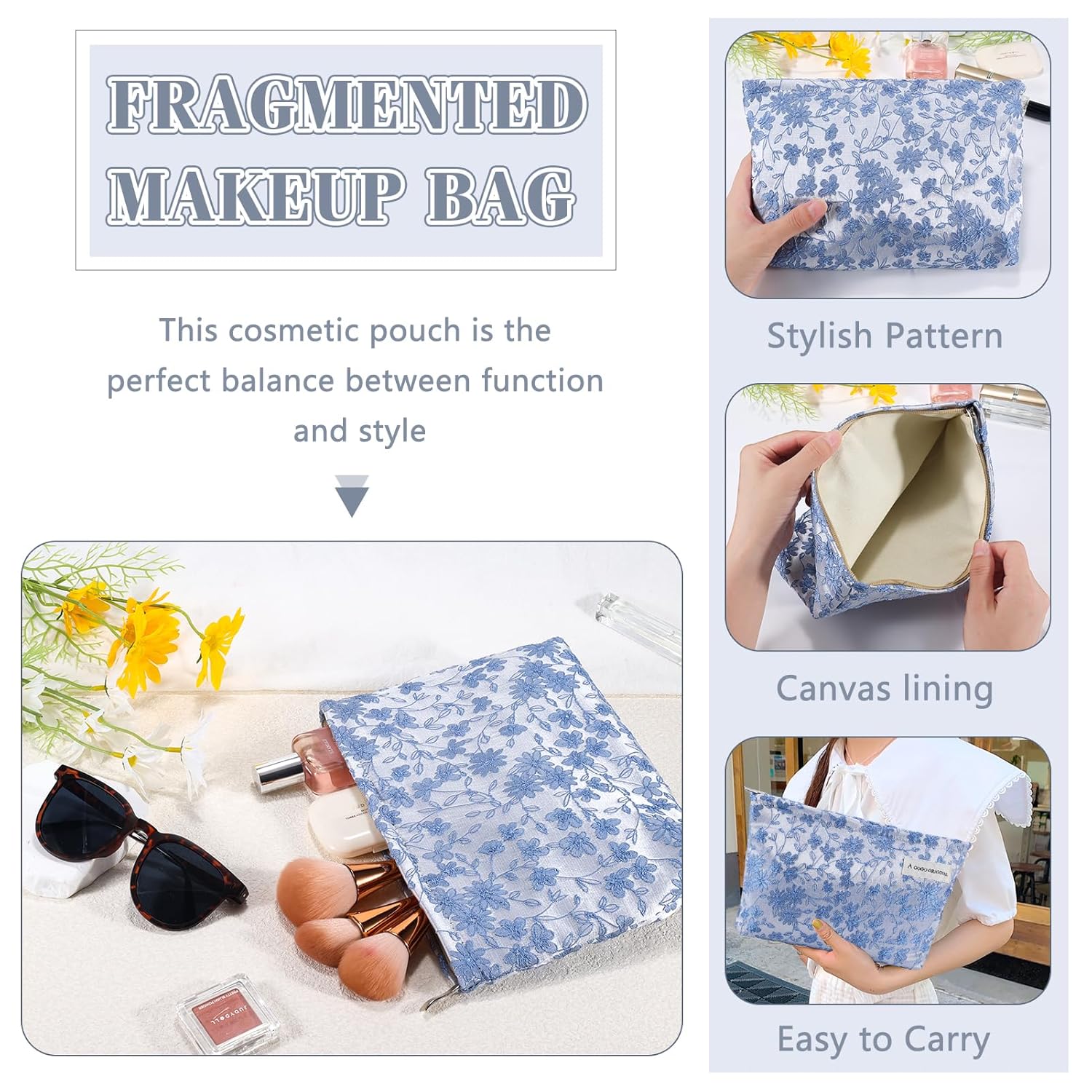 ZLFSRQ Bolsa de maquillaje de flores de margarita, bolsas de cosméticos para mujer, bolsa de maquillaje grande con cremallera, bolsa de cosméticos